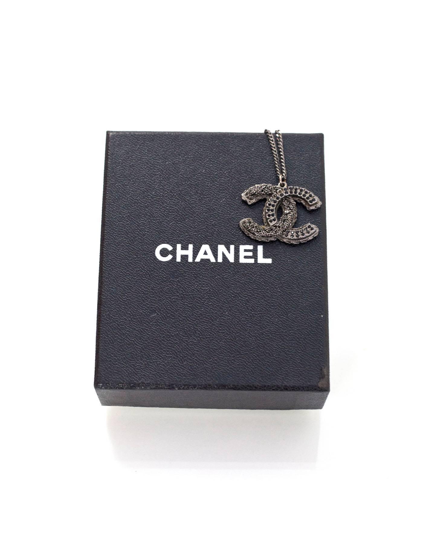 Chanel Gunmetal & Black Crystal CC Pendant Necklace In Excellent Condition In New York, NY