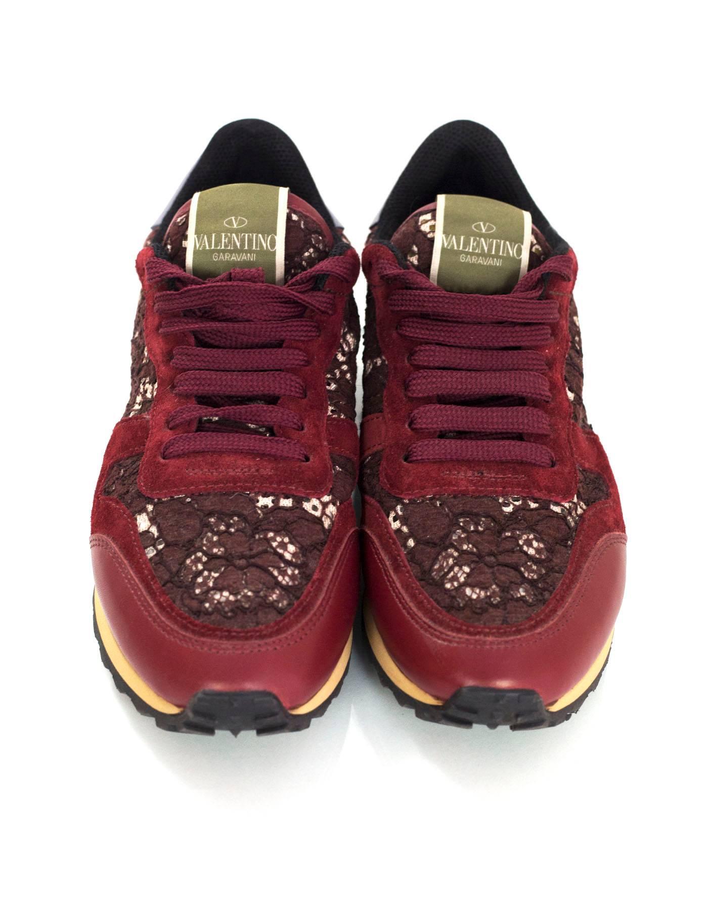 Women's Valentino Burgundy Suede & Lace Rockrunner Sneakers Sz 38.5