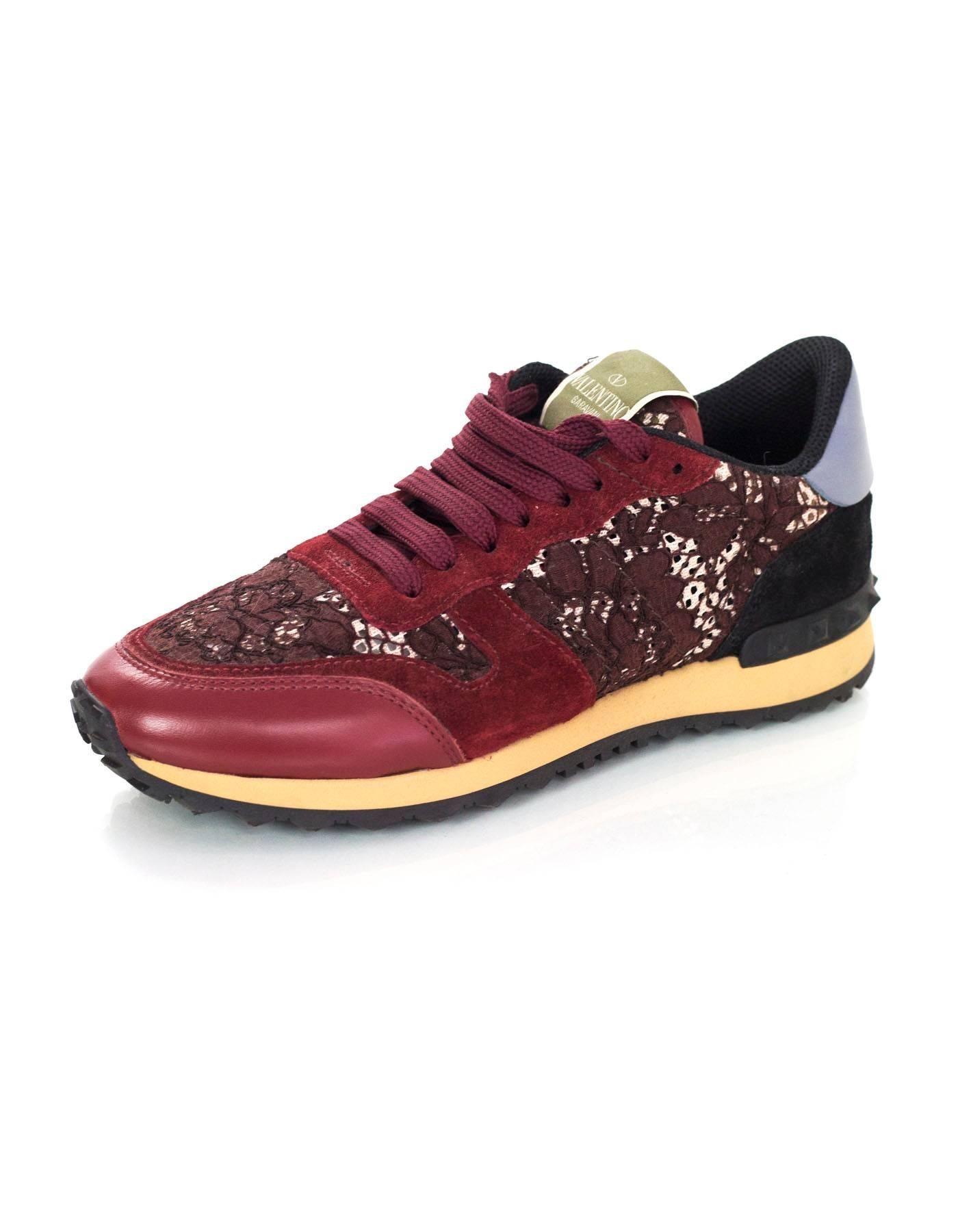 Valentino Burgundy Suede & Lace Rockrunner Sneakers Sz 38.5

Made In: Italy
Color: Burgundy
Materials: Leather, suede, lace, rubber
Closure/Opening: Lace tie closure
Sole Stamp: Valentino Garavani Made in Italy
Retail Price: $745 + tax
Overall