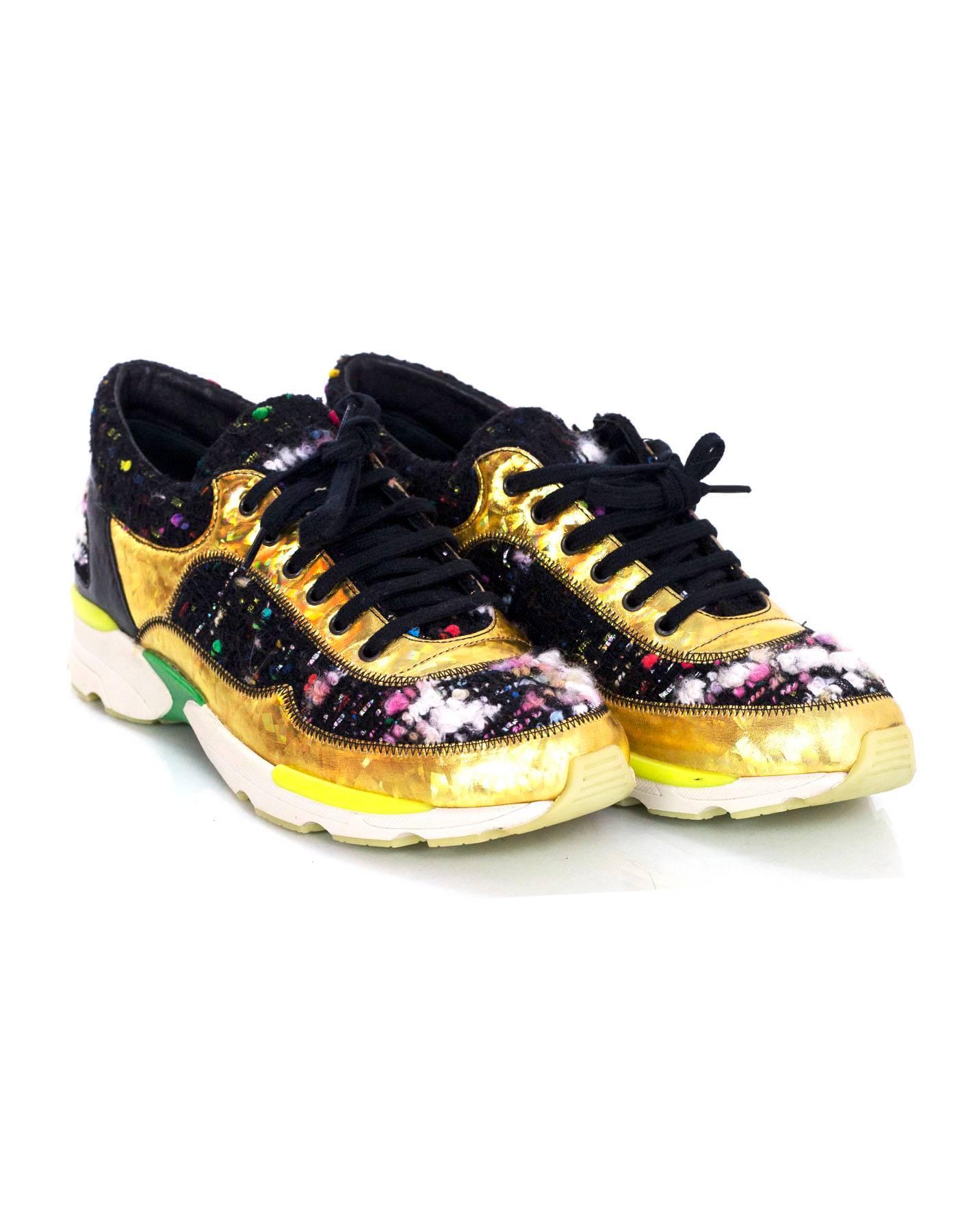 Women's Chanel Tweed & Gold Trainer Sneakers Sz 38.5 rt. $1, 350