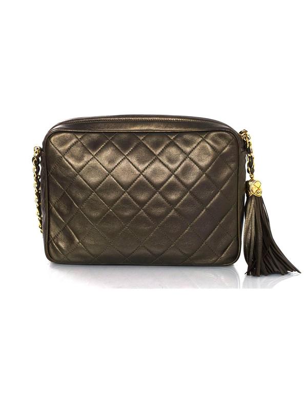 Chanel Vintage Green Metallic Lambskin Leather Quilted CC Camera Bag w/  Tassel