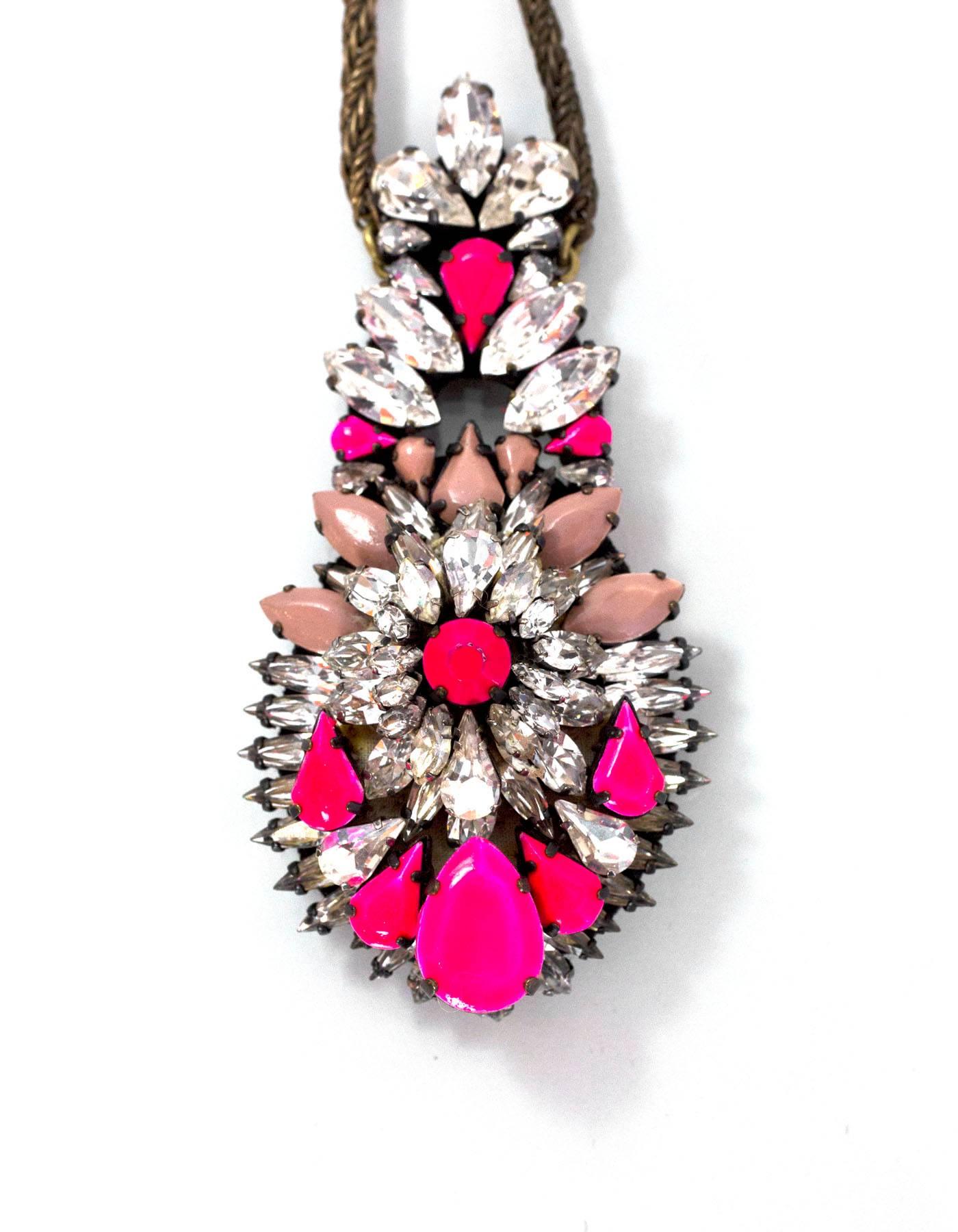 Shourouk Neon Pink/Clear Crystal Leitmotiv Zambia Necklace  In Excellent Condition In New York, NY