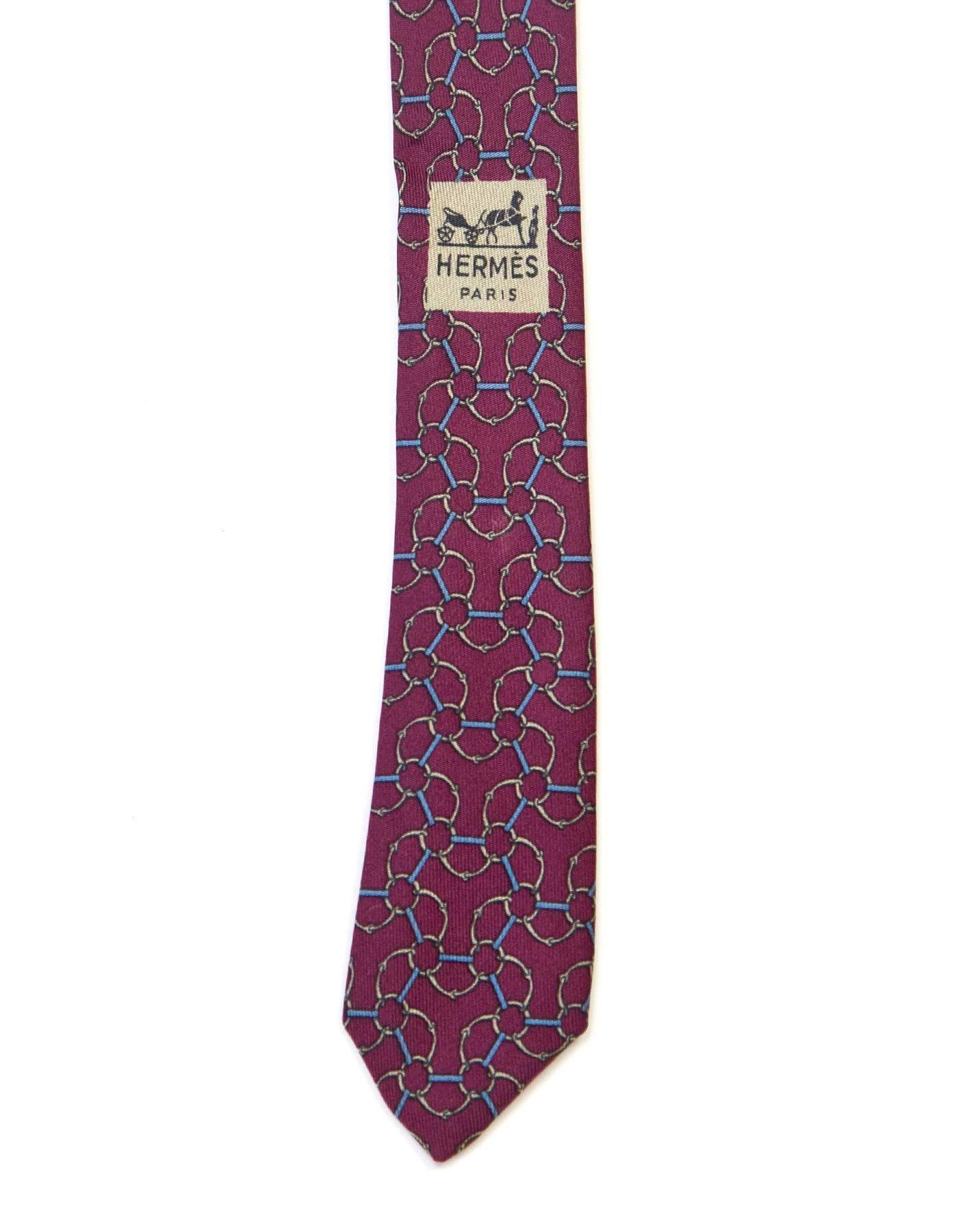 Hermes Burgundy & Blue Chain Print Silk Tie In Excellent Condition In New York, NY