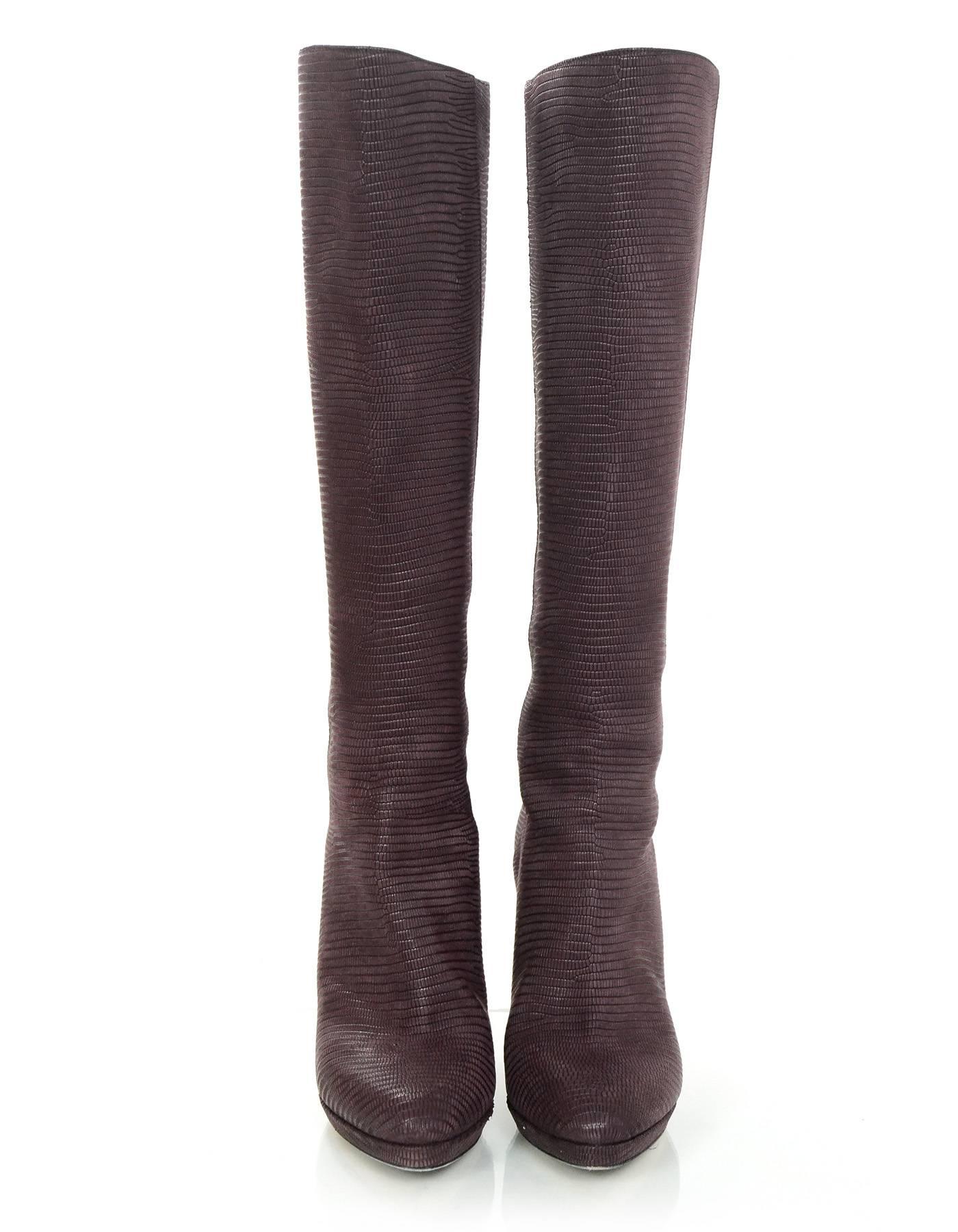 Jimmy Choo Bordeaux Sueded Lizard Embossed Boots Sz 36.5 In Excellent Condition In New York, NY