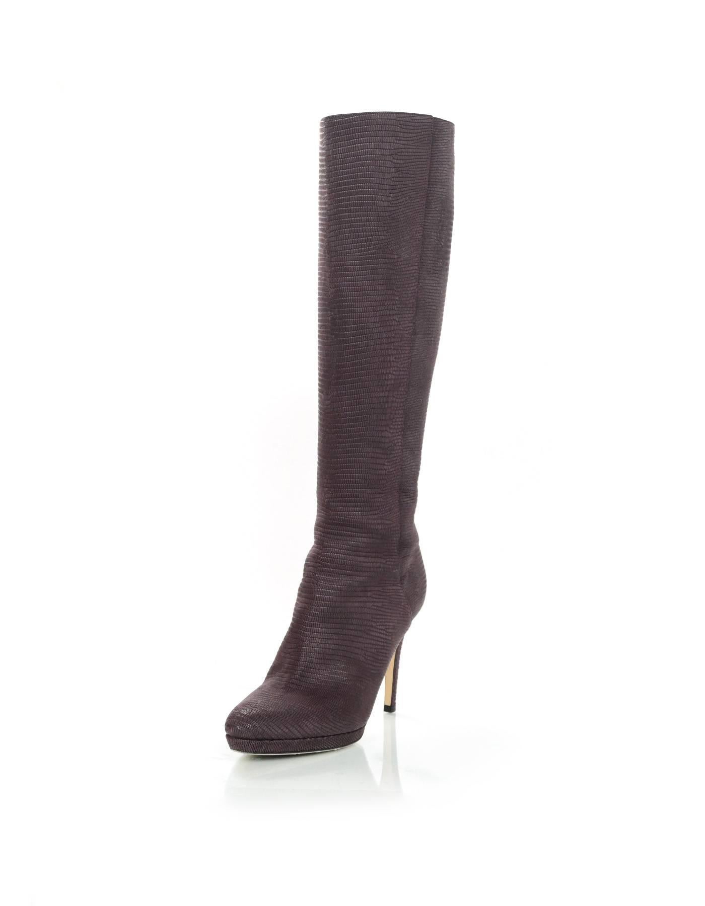 Jimmy Choo Bordeaux Sueded Lizard Boots Sz 36.5
Features embossed lizard print throughout

Made In: Italy
Color: Bordeaux (burgundy)
Materials: Sueded leather
Closure/Opening: Back zip closure up leg
Sole Stamp: Jimmy Choo London Made in Italy