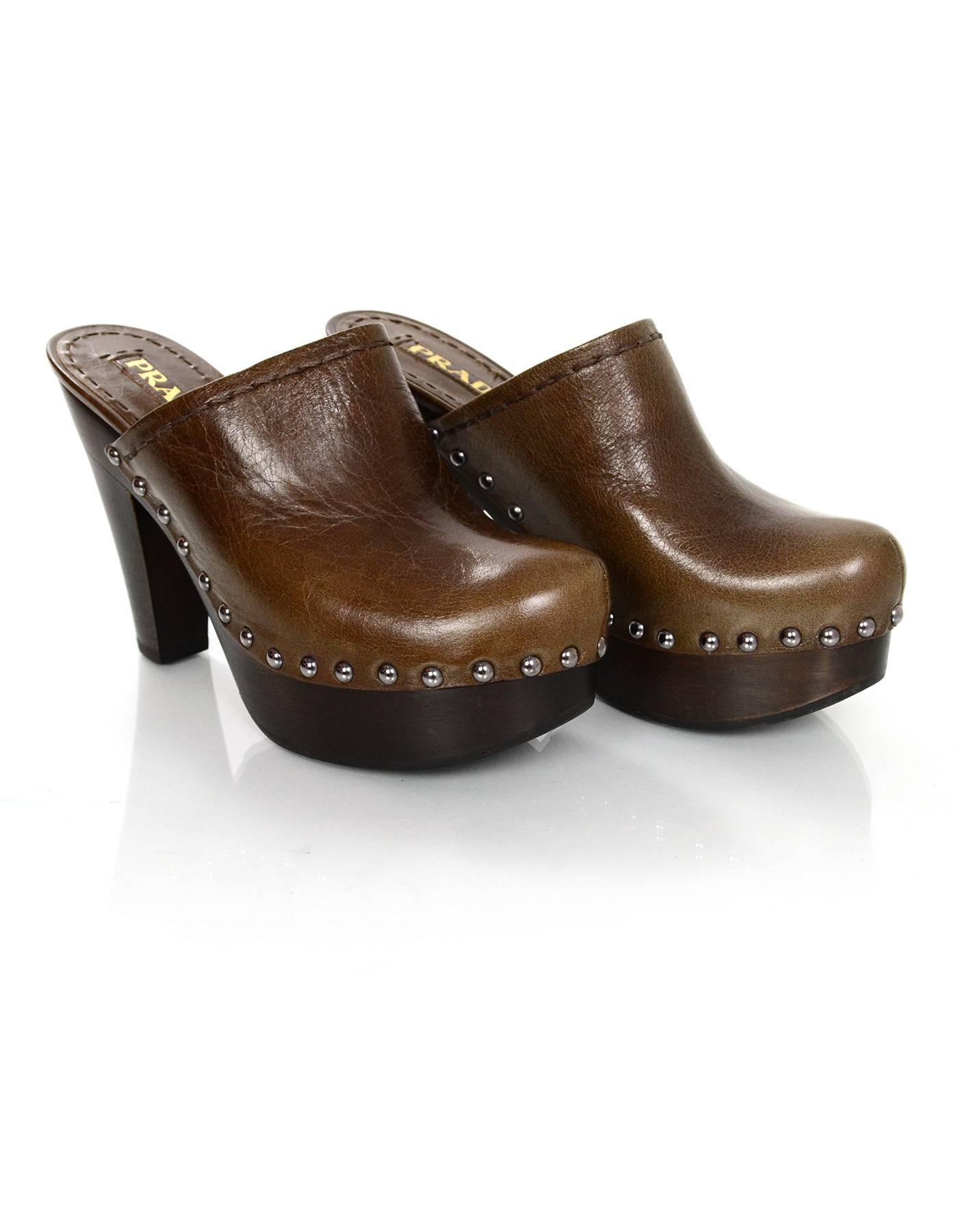 Prada Brown Leather Clogs Sz 36.5 with Box In Excellent Condition In New York, NY
