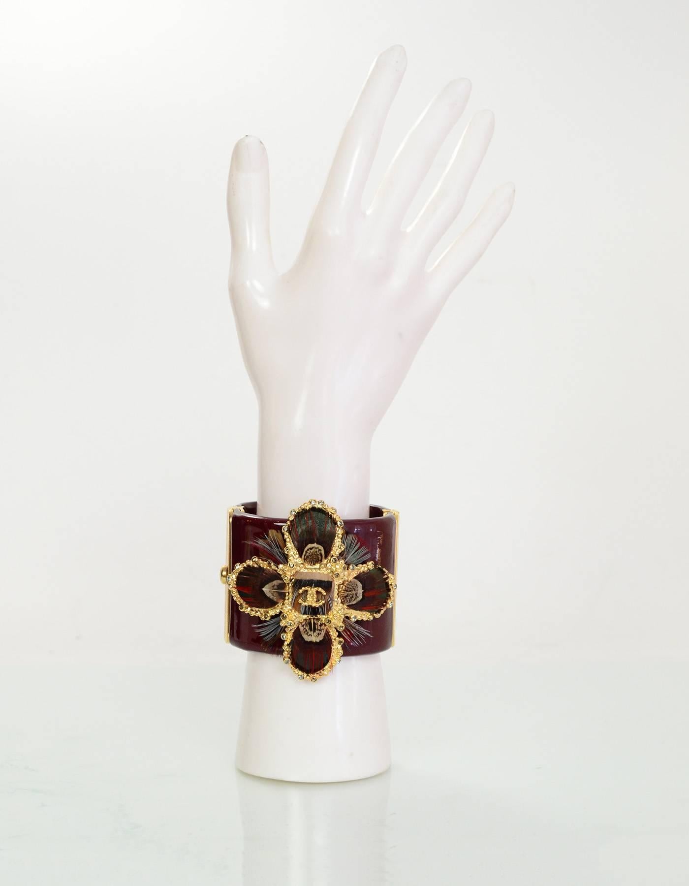 Chanel Burgundy Resin Feather Detailed CC Cross Cuff Bracelet 1