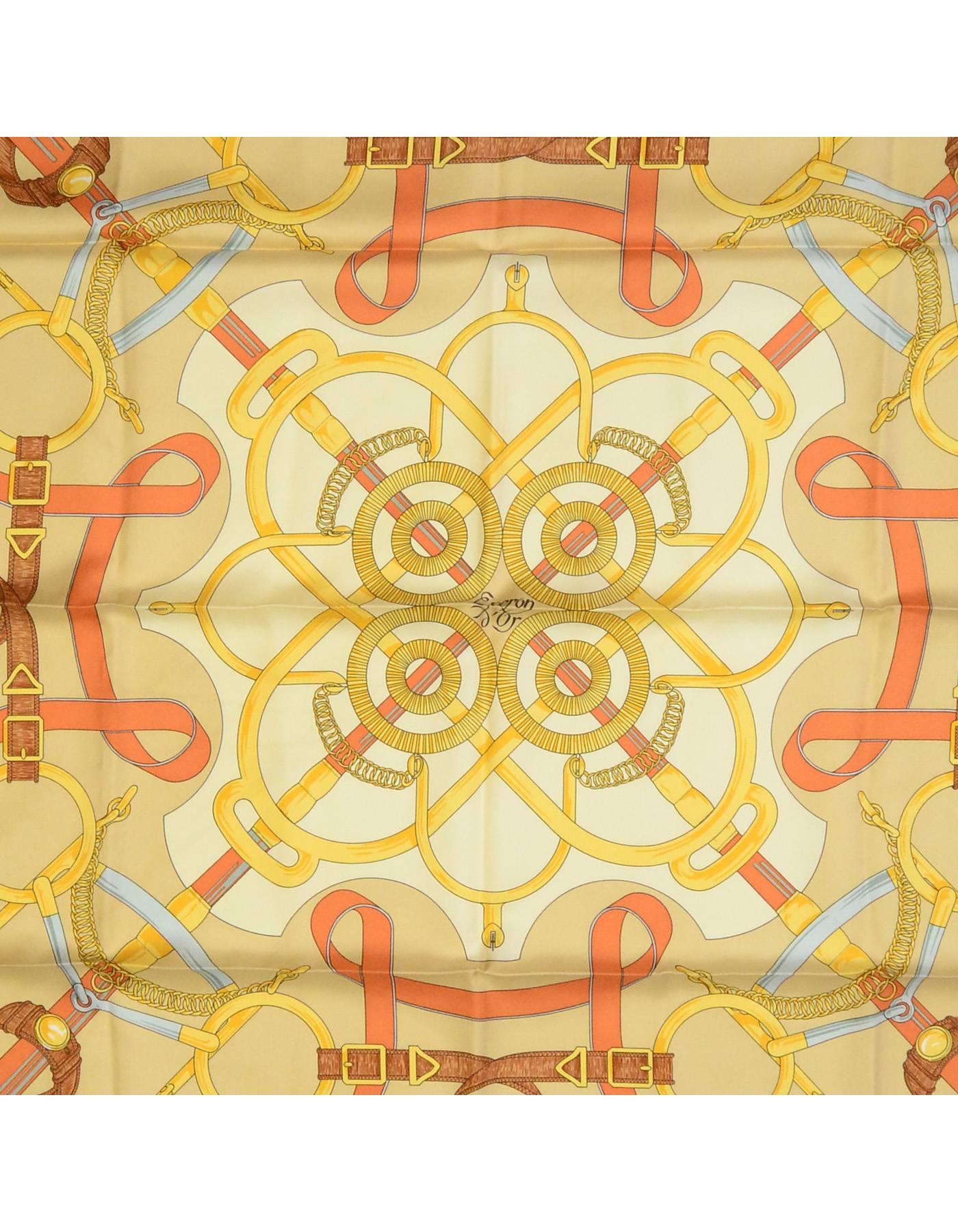 Hermes Gold Epron D'Or Silk 90cm Scarf

Made In: France
Color: Gold, light yellow
Composition: 100% Silk
Retail Price: $395 + tax
Overall Condition: Excellent pre-owned condition
Included: Hermes box

Measurements:
Length: 35"
Width: 35"