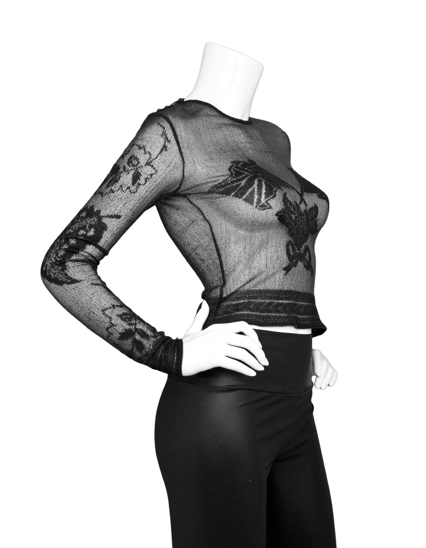 John Galliano  Black Sheer Long Sleeve Top
Features floral print and metallic threading throughout

Color: Black
Composition: Not given- believed to be a silk-blend
Lining: None
Closure/Opening: Pull over 
Exterior Pockets: None
Interior Pockets: