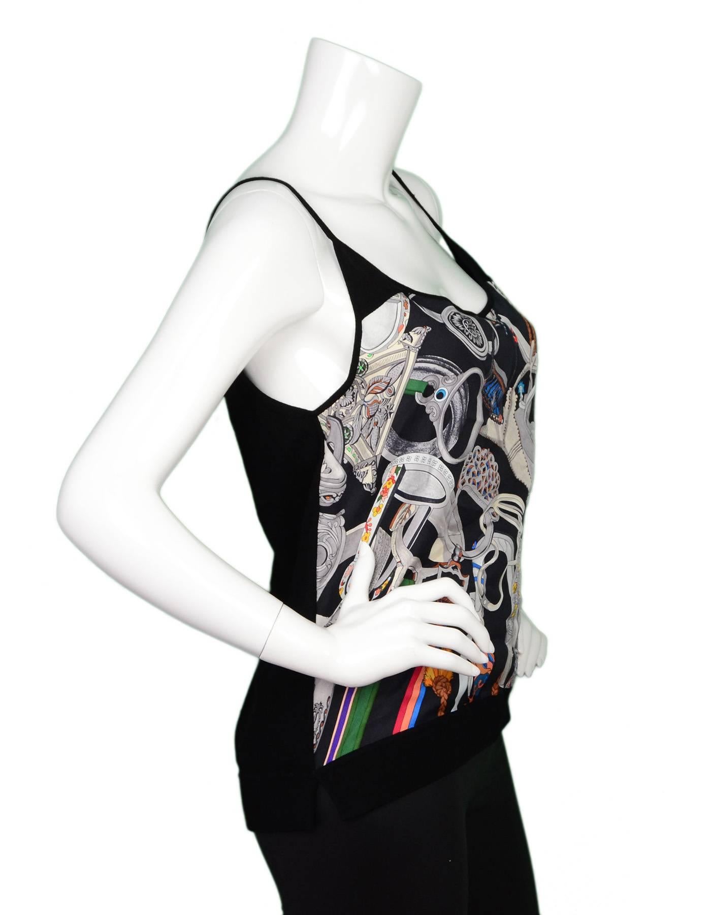 Hermes Scarf Print Silk & Cotton Spaghetti Strap Top 
Features silk scarf print on front panel and plain black cotton back panel

Made In: Italy
Color: Black and multi-colored
Composition: 90% cotton, 10% silk
Lining: None
Closure/Opening: Pull