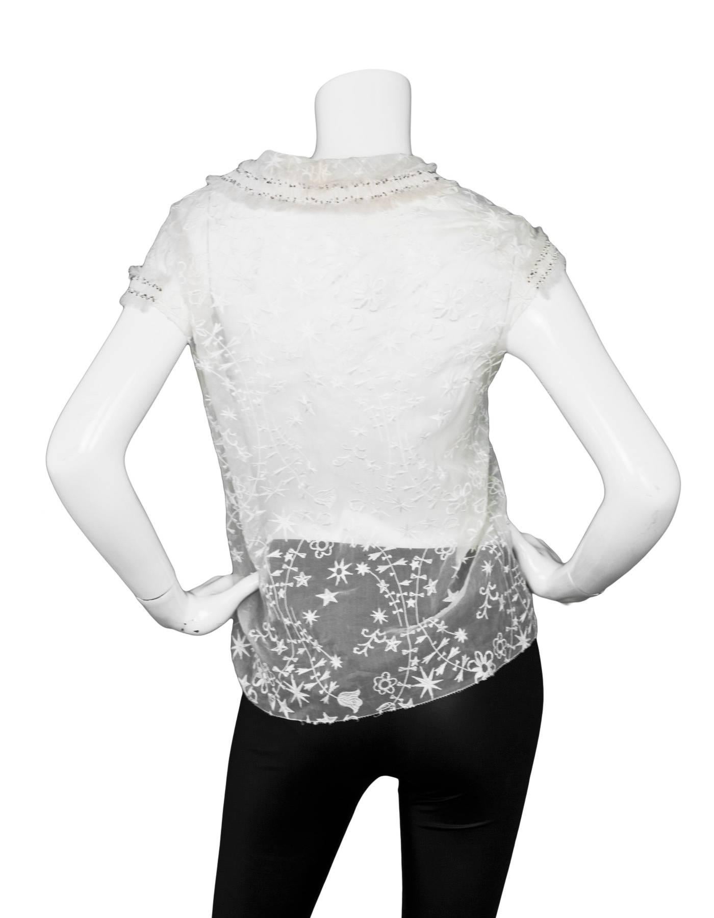 Women's Nina Ricci White Embroidered Silk Cap Sleeve Top sz US4