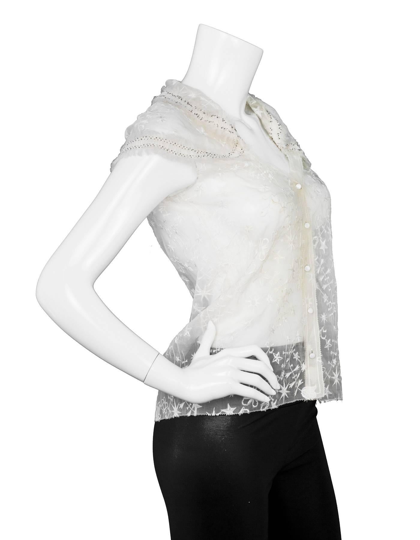 Nina Ricci White Embroidered Silk Cap Sleeve Top sz US4 In Excellent Condition In New York, NY