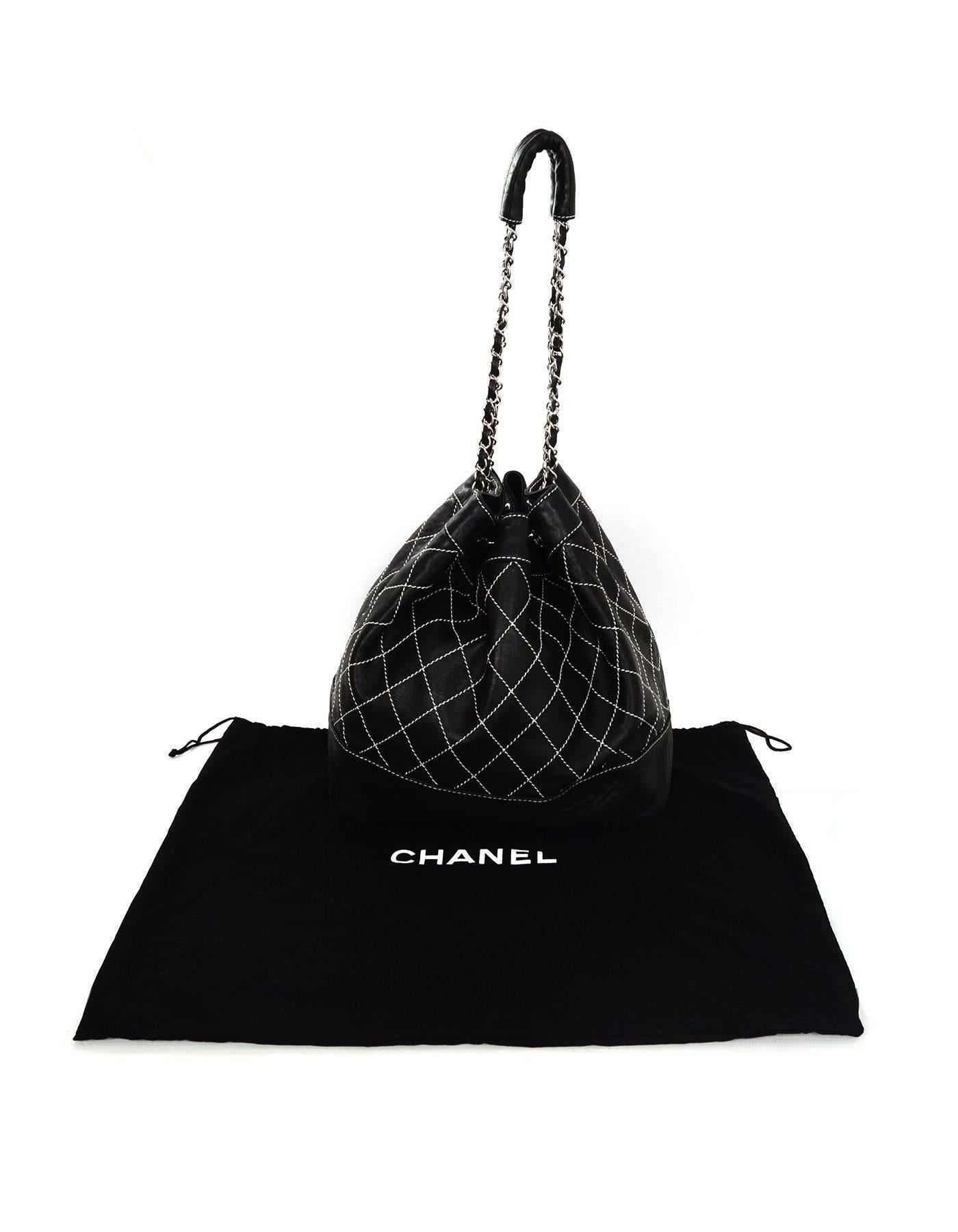 Chanel Black Leather Contrast Quilted Surpique Bucket Bag 6