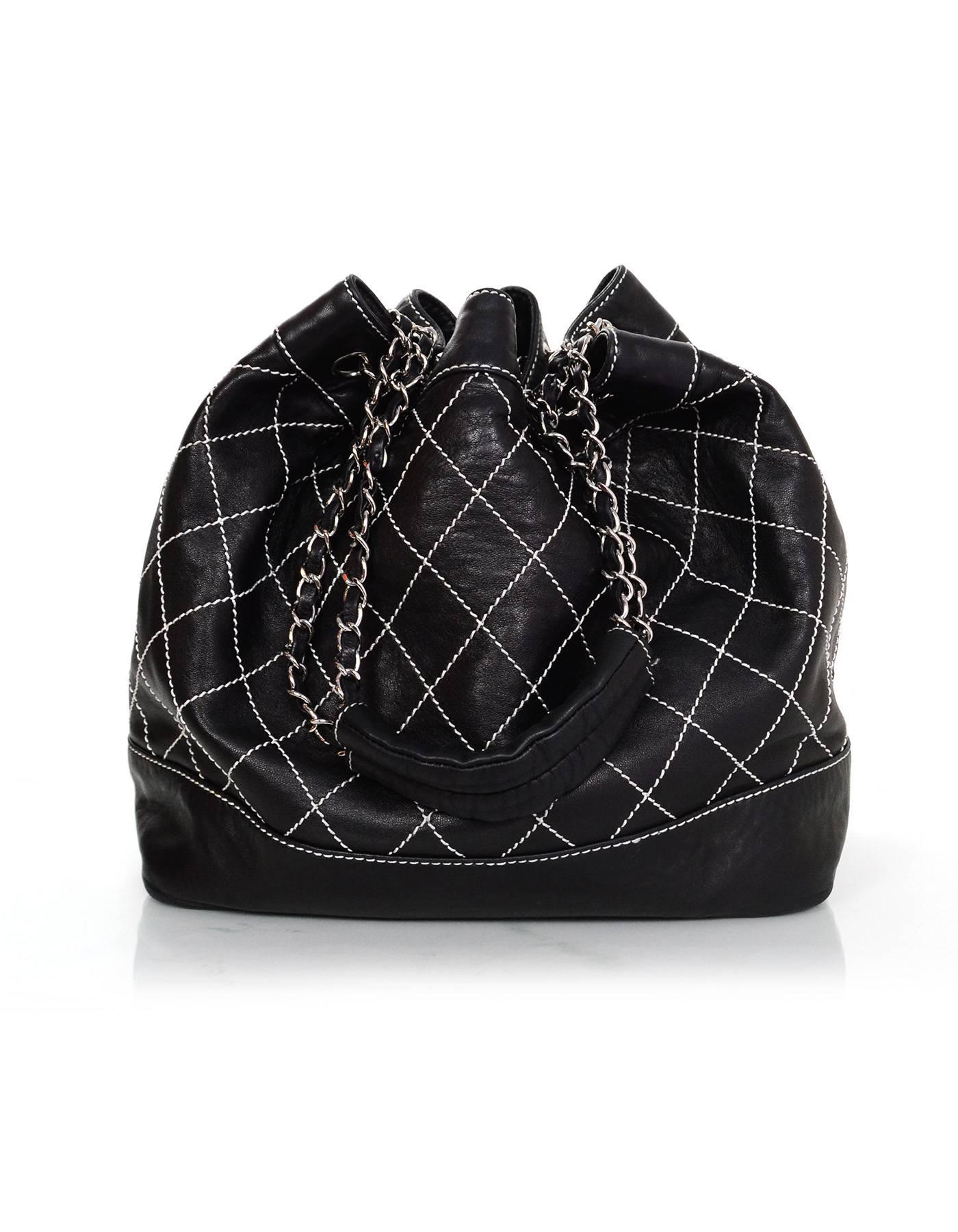 Women's Chanel Black Leather Contrast Quilted Surpique Bucket Bag