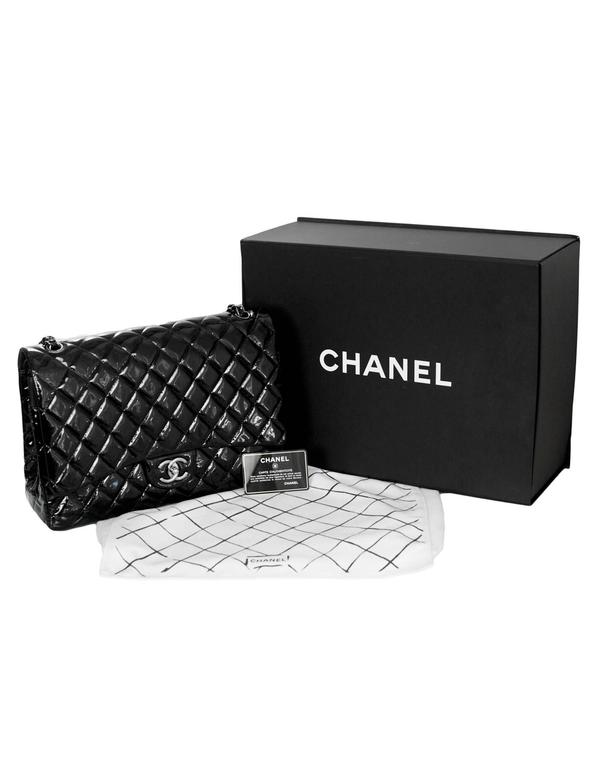 Chanel Black Quilted Patent Leather Double Flap Classic Maxi Bag For