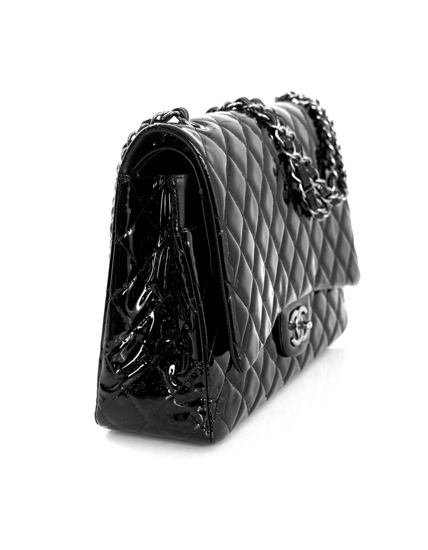 Chanel Black Quilted Patent Leather Double Flap Classic Maxi Bag In Excellent Condition In New York, NY