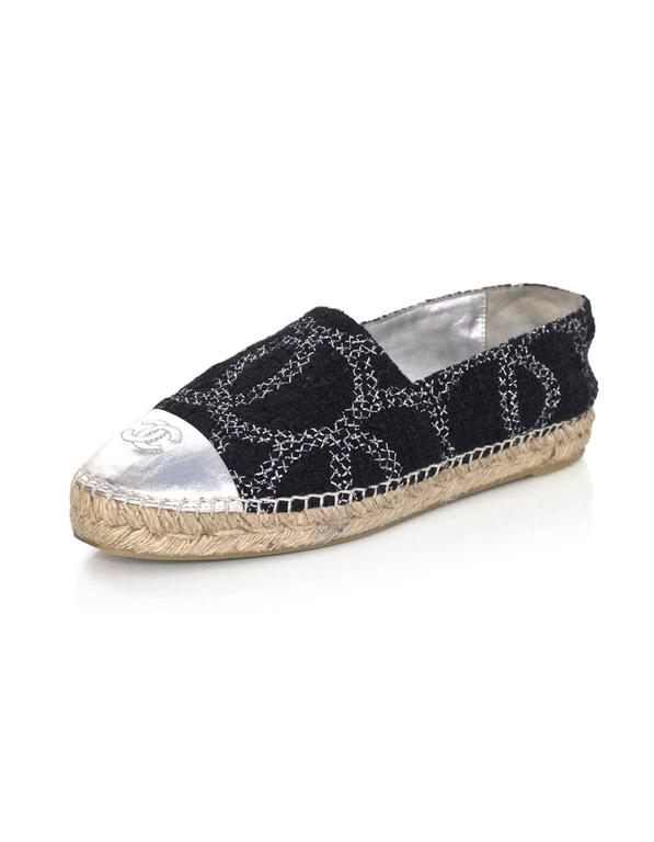 Chanel Black/Silver CC Tweed Espadrilles Sz 39 with Box For Sale at 1stDibs