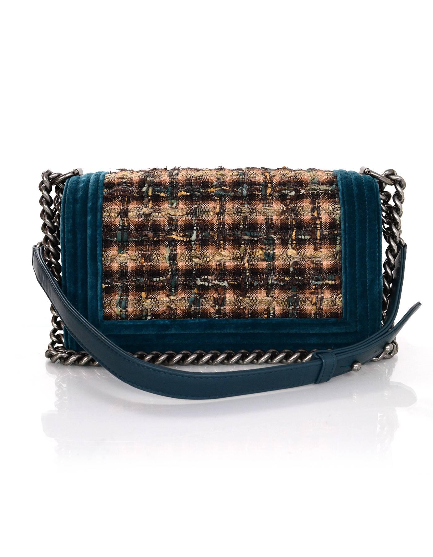 Chanel Paris-Edinburgh Velvet & Tweed Medium Boy Bag 
Features velvet trim and leather detail on shoulder strap

Made In: Italy
Year of Production: 2013
Color: Teal, tan and brown
Hardware: Oxidized sivertone
Materials: Tweed, velvet and