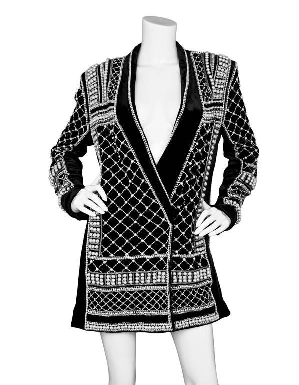 Balmain x H&M NEW Black Velvet Pearl and Crystal Embellished Jacket Dress  sz US12 For Sale at 1stDibs