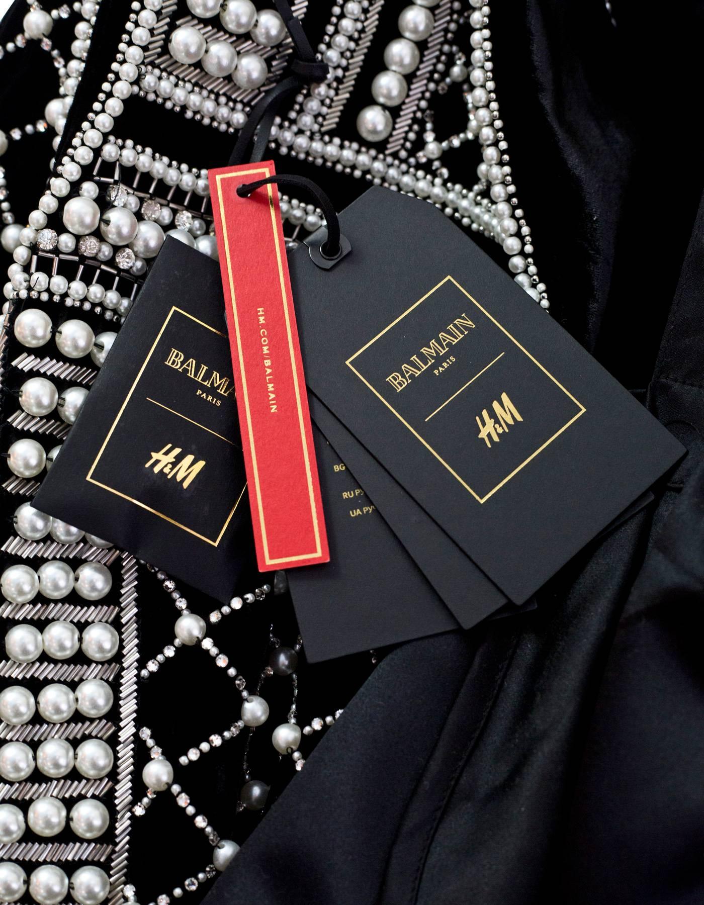 Balmain x H&M - NOUVEAU Robe veste en velours noir ornée de perles et de cristaux, taille US 12 Excellent état à New York, NY