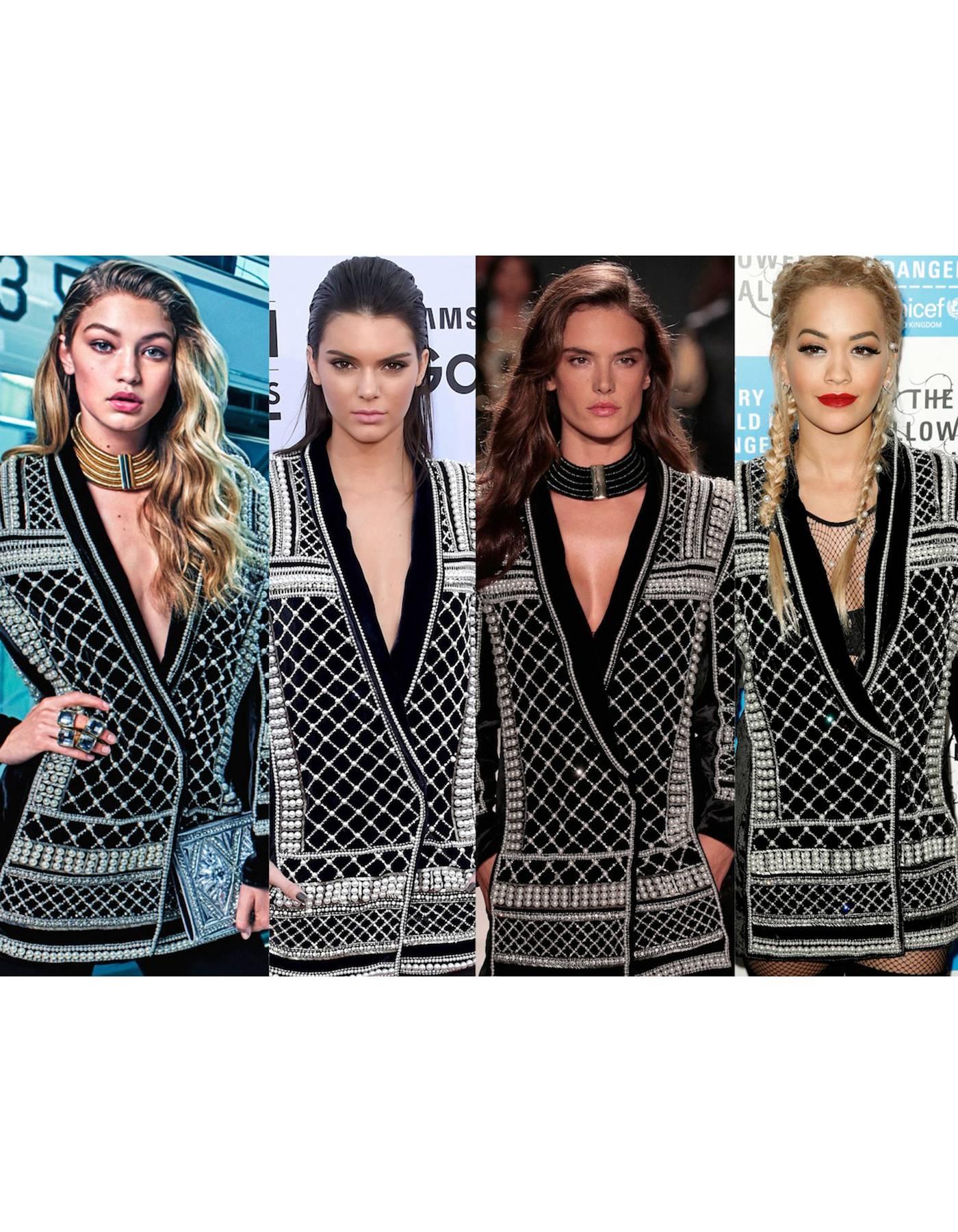 Noir Balmain x H&M - NOUVEAU Robe veste en velours noir ornée de perles et de cristaux, taille US 12