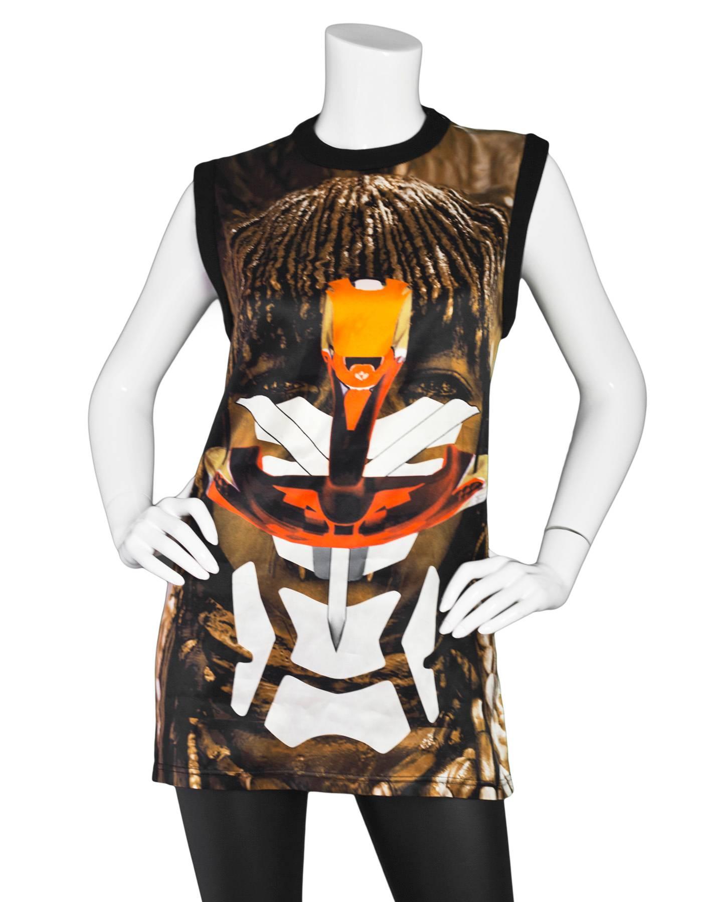 Givenchy SS'14 Tribal & Robot Print Silk Top

Made In: Portugal
Year of Production: 2014
Color: Black, brown, orange and tan
Composition: 100% silk, Trim- 97% cotton, 3% elastane
Lining: None
Closure/Opening: Pull over with shoulder neckline