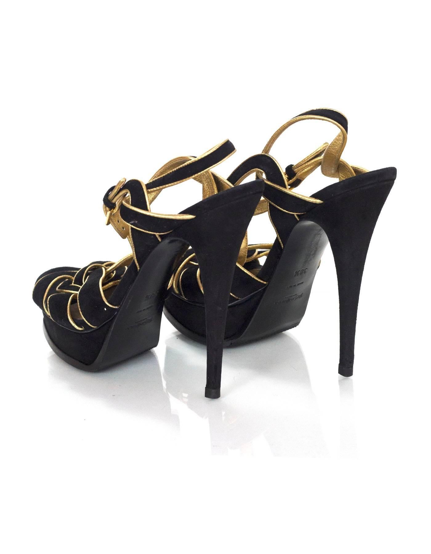 YSL Black/Gold Suede Tribute Sandals Sz 38.5 In Good Condition In New York, NY