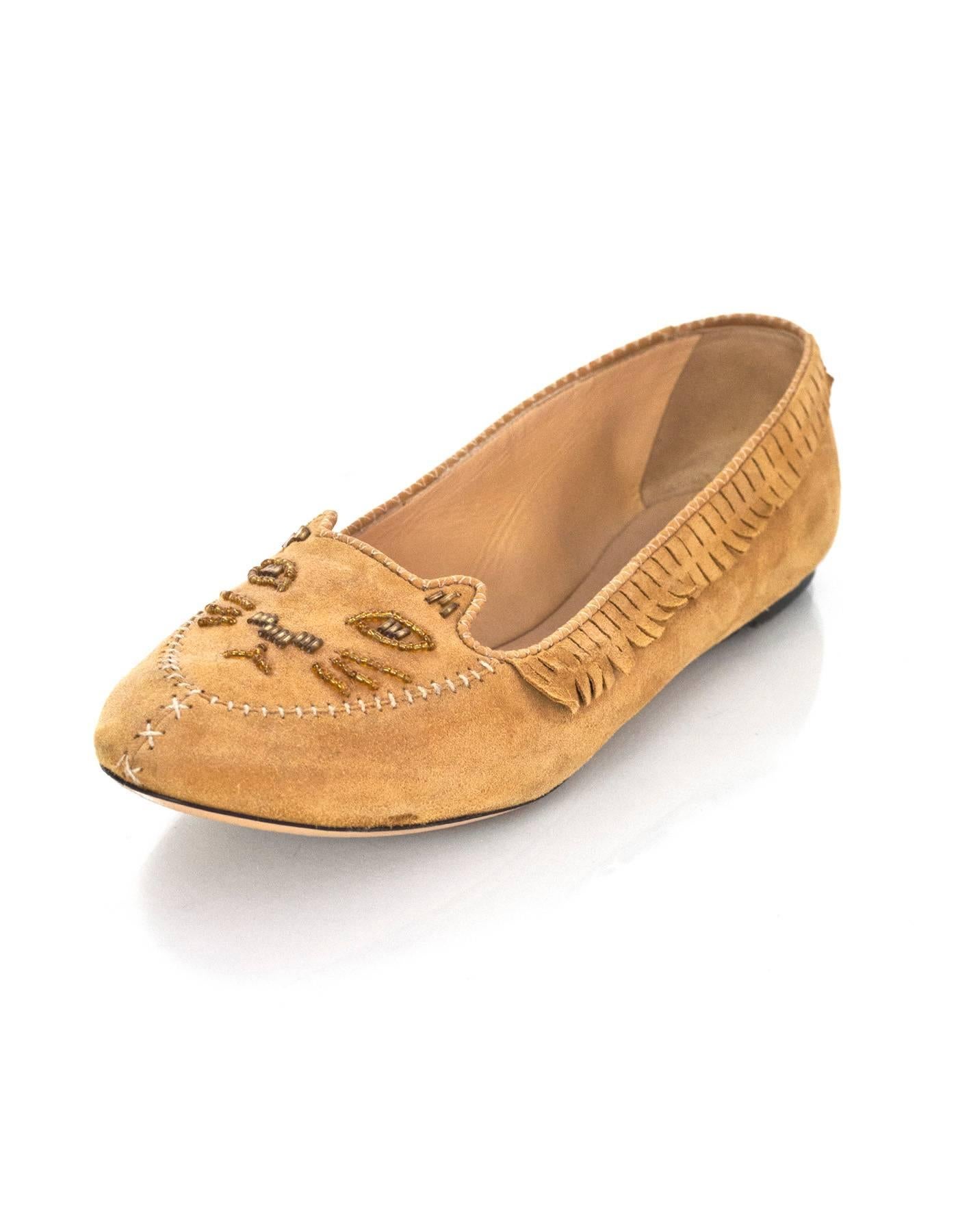 Charlotte Olympia Tan Kitty Moccasin Flats Sz 41

Made In: Italy
Color: Tan
Materials: Suede
Closure/Opening: Slide on
Sole Stamp: vero cuoio made in italy 41
Retail Price: $625 + tax
Overall Condition: Excellent pre-owned condition with the