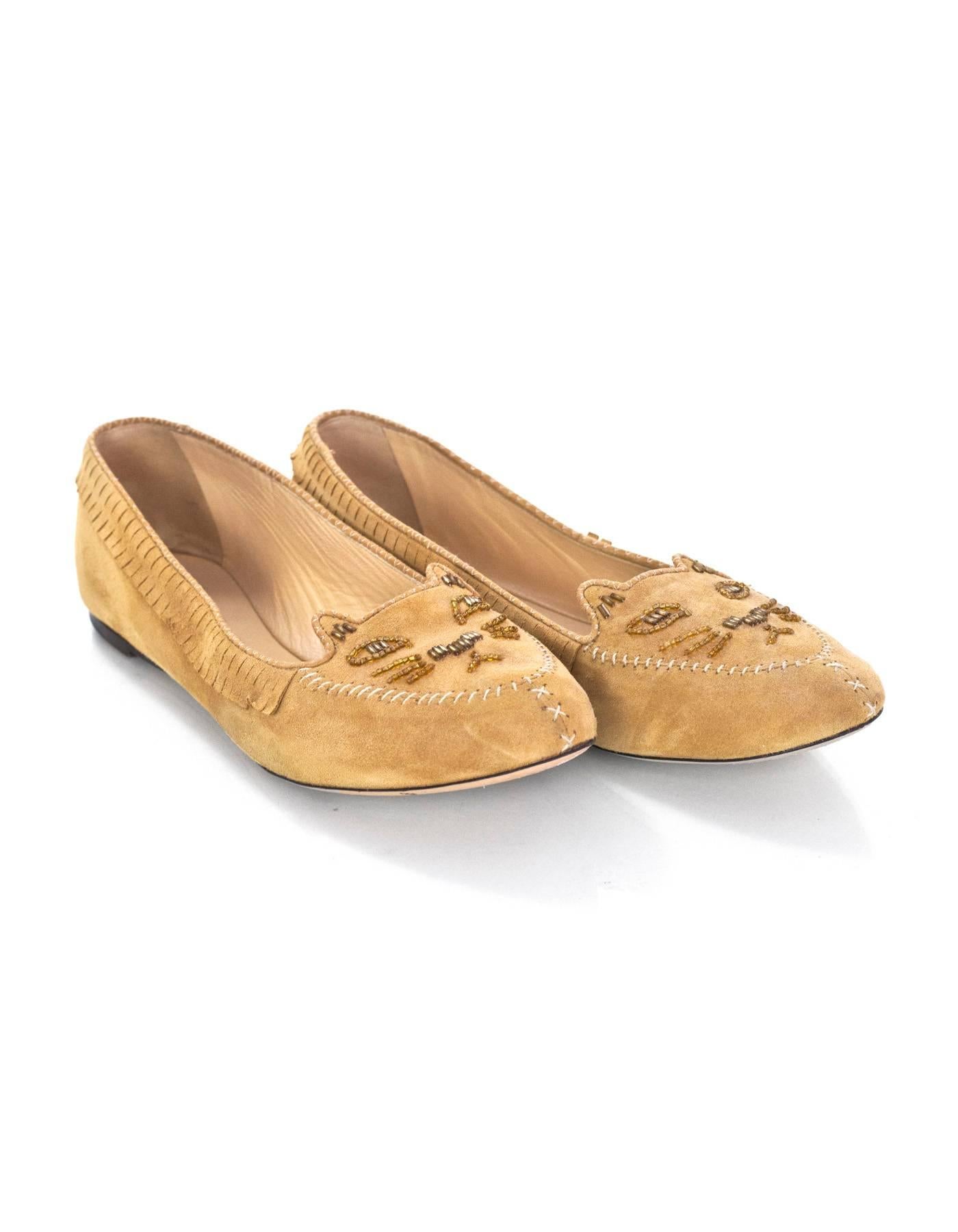 Charlotte Olympia Tan Kitty Moccasin Flats Sz 41 In Excellent Condition In New York, NY
