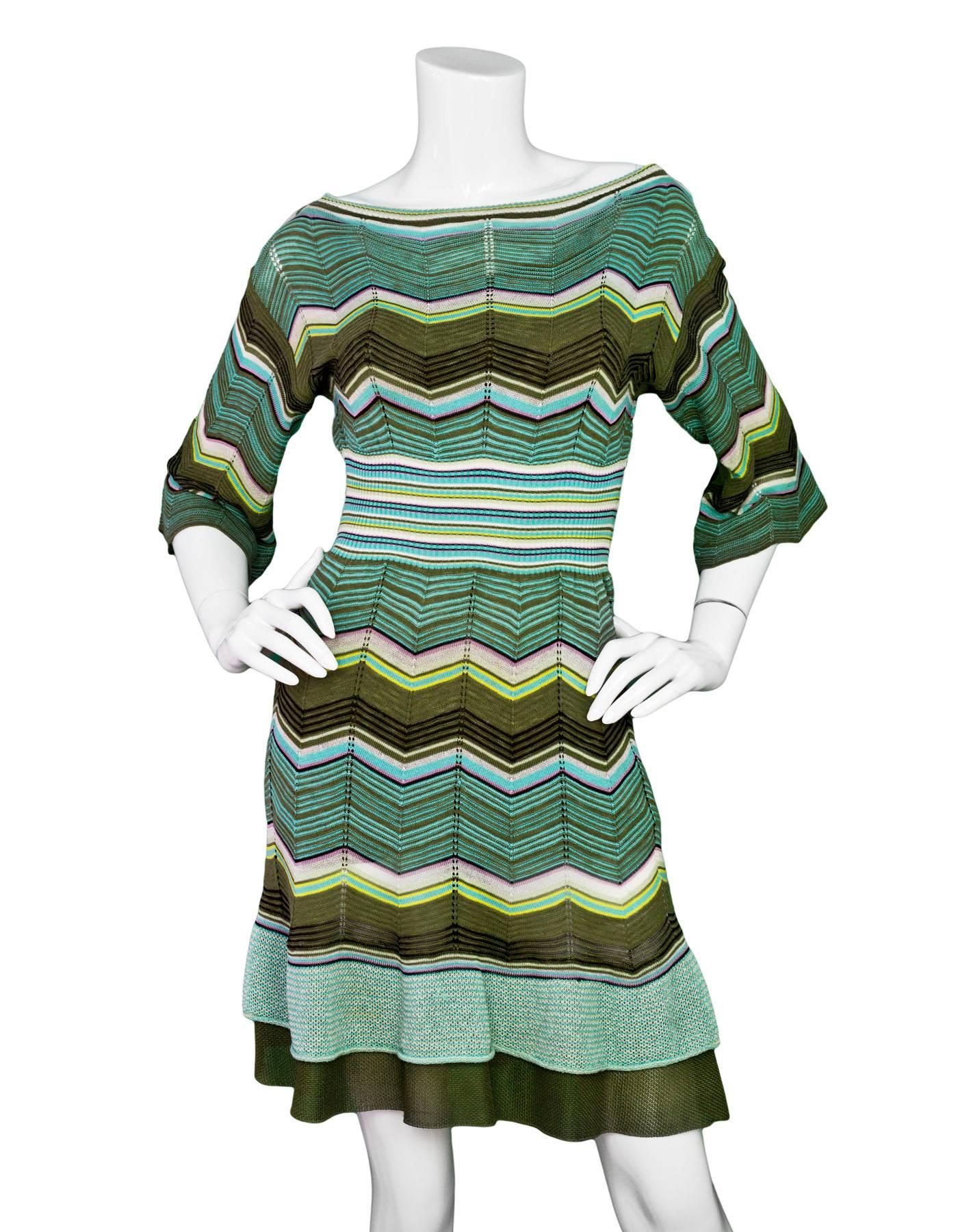 M Missoni Green Knit 3/4 Sleeve Dress 
Features olive green slip under dress

Made In: Italy
Color: Green, blue, purple, yellow and white
Composition: Not given- believed to be a cotton blend
Lining: Slip- green, silk-blend
Closure/Opening: Pull
