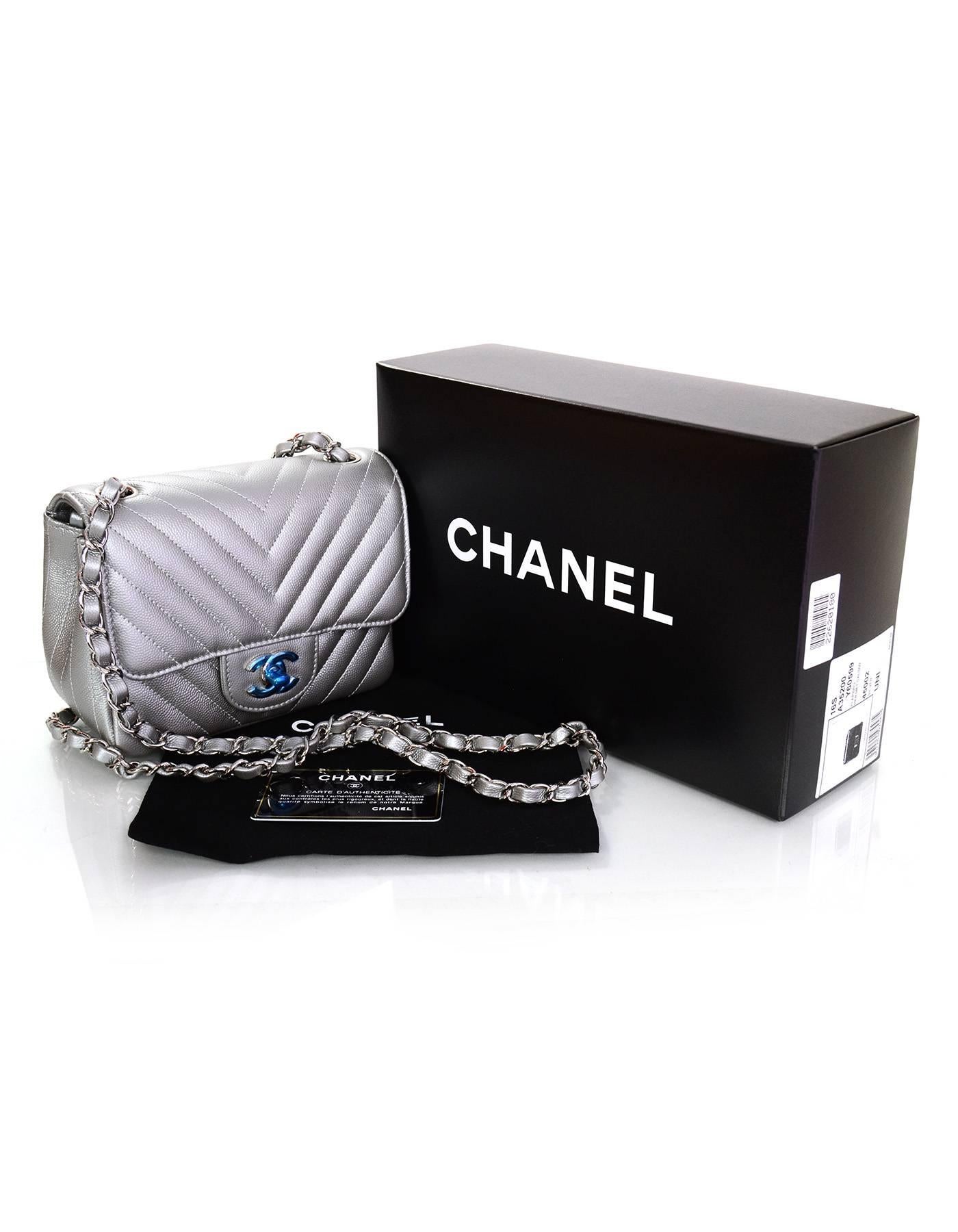 Chanel NEW 2016 Silver Caviar Leather Chevron Square Mini Flap Bag w/ Receipt 2