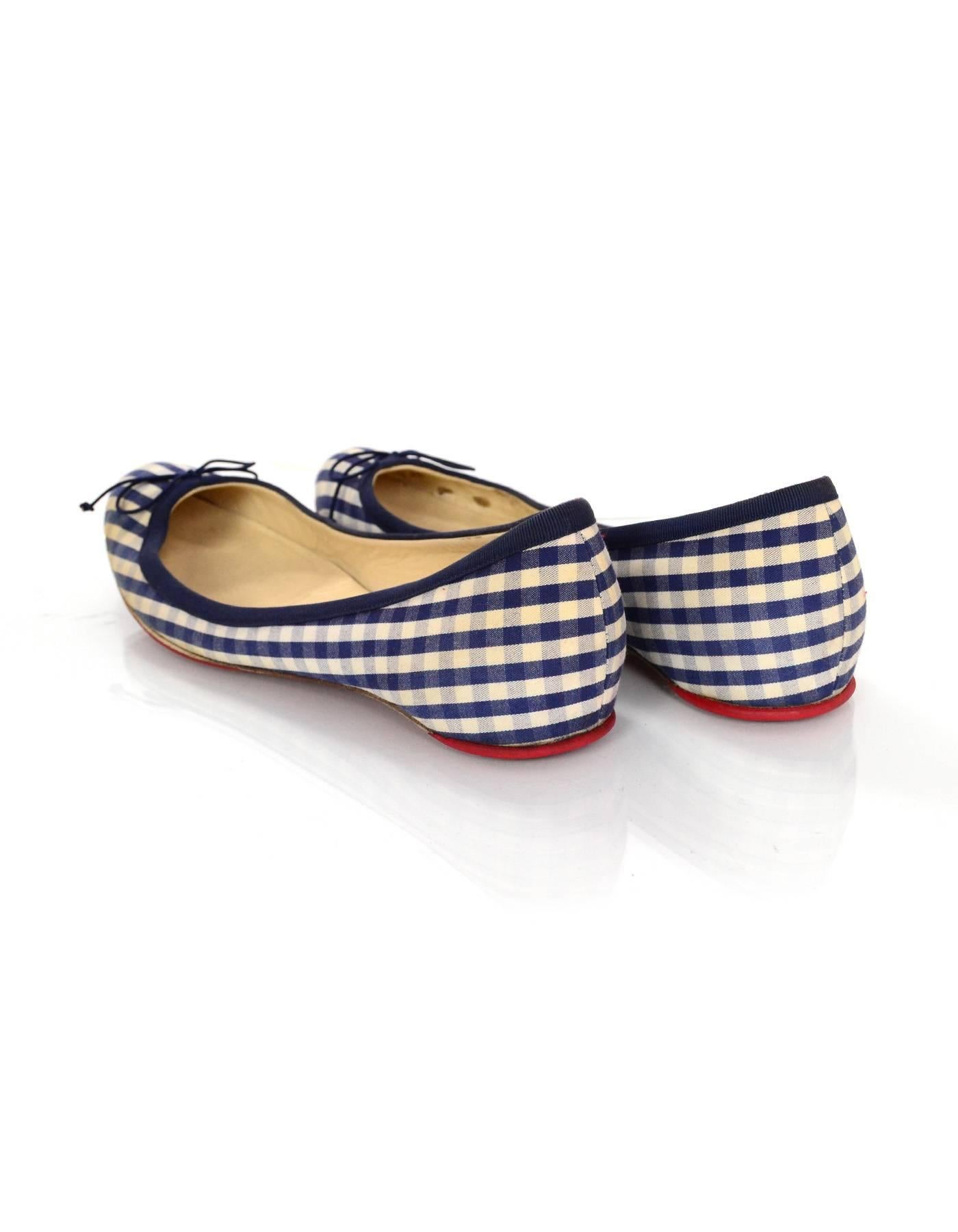 Christian Louboutin Blue & White Gingham Flats Sz 37 In Excellent Condition In New York, NY
