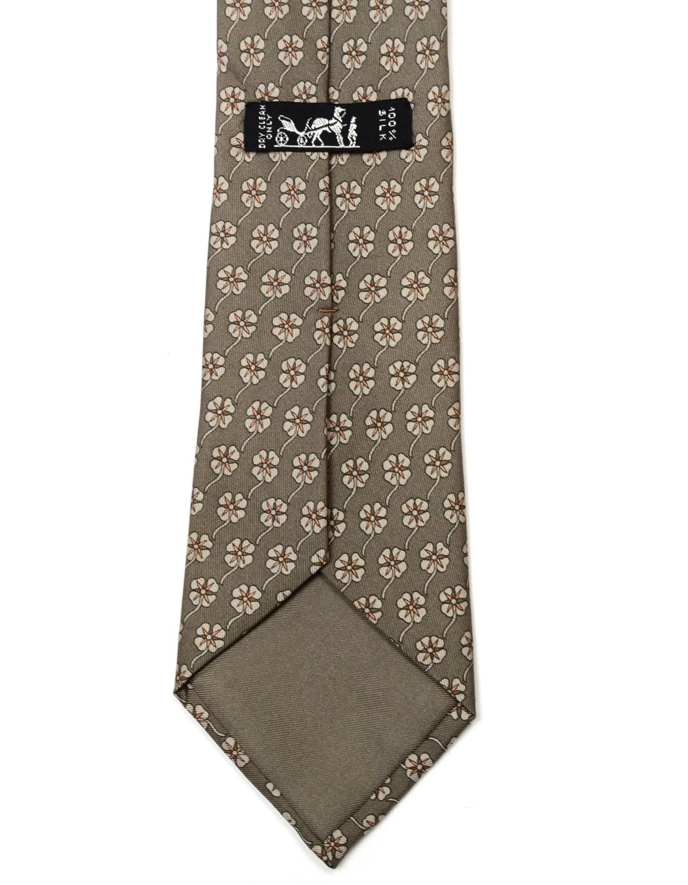 Brown Hermes Grey Floral Print Silk Tie