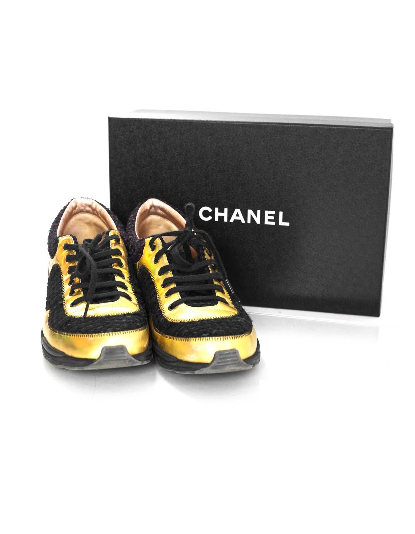 Chanel Fall '14 Runway Black Tweed, Brown Suede & Gold Trainer Sneakers Sz 40 2