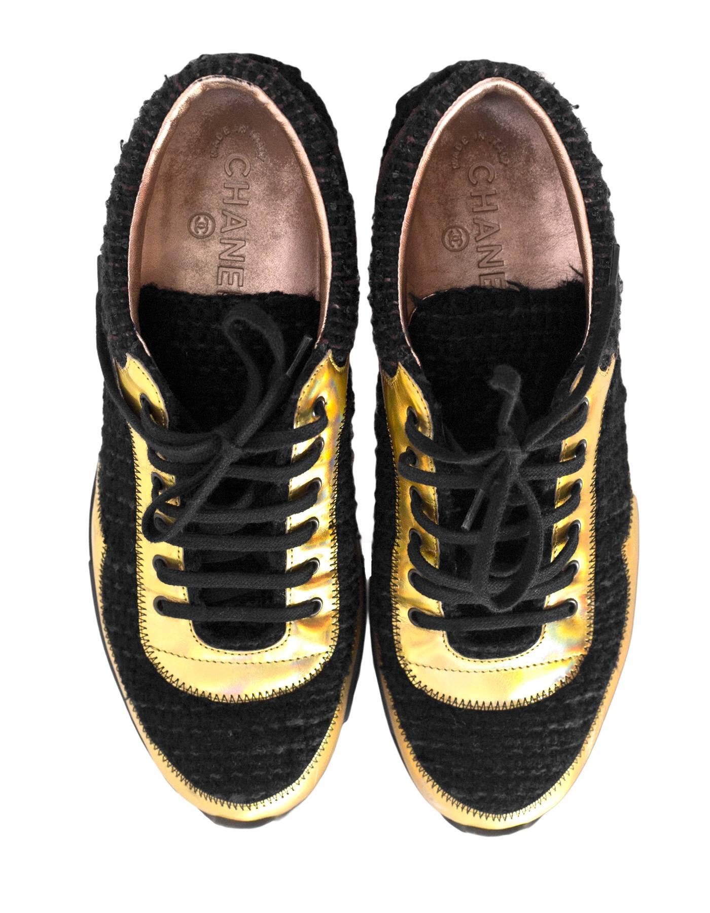 Chanel Fall '14 Runway Black Tweed, Brown Suede & Gold Trainer Sneakers Sz 40 In Excellent Condition In New York, NY
