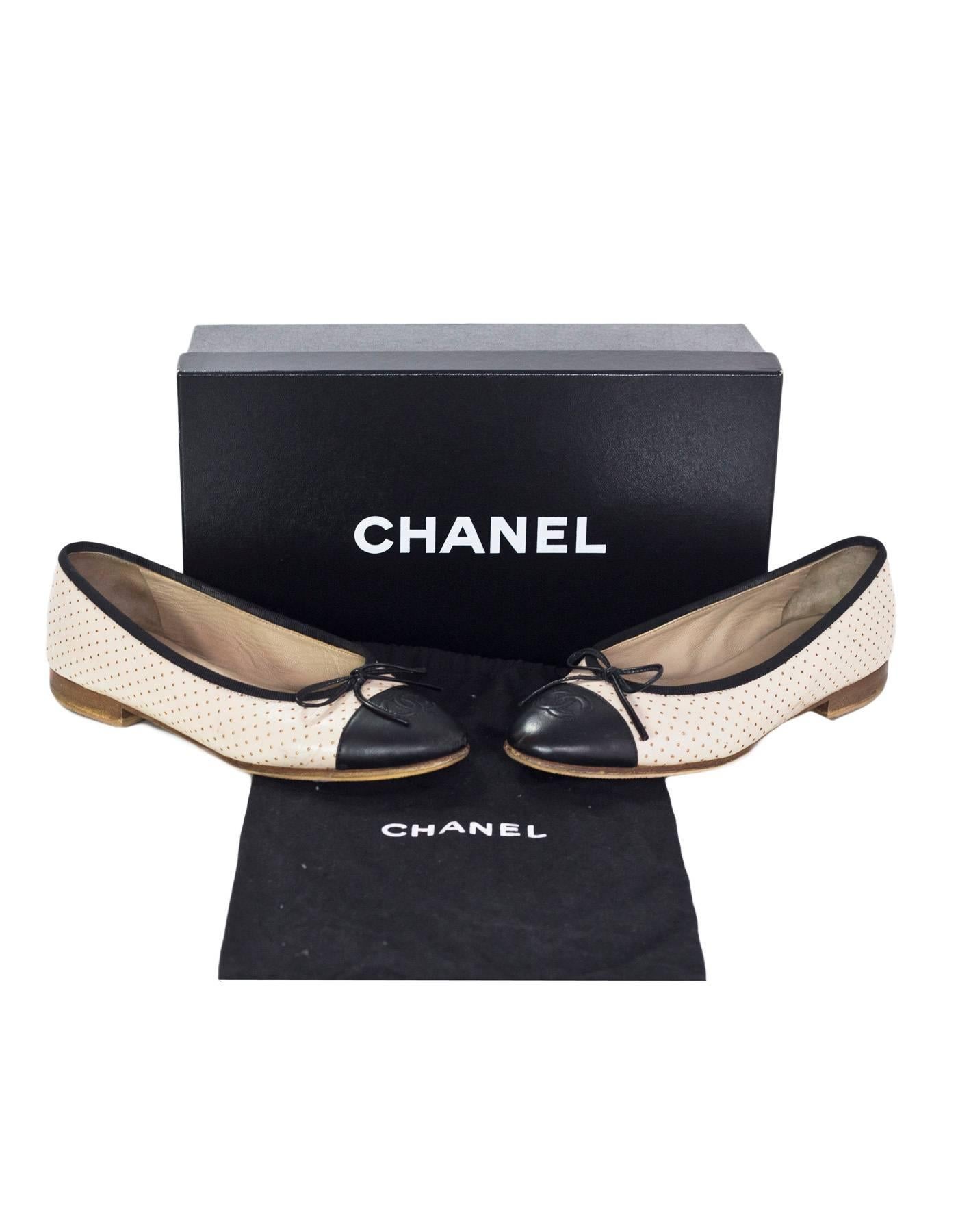 Women's Chanel Beige & Black Perforated Ballet Flats Sz 36 with Box