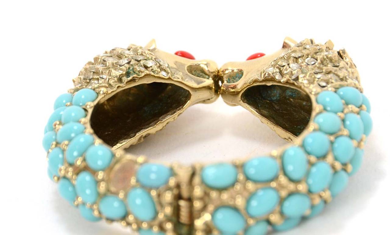 CHANEL Teal & Red Stone Silver Lion's Head Cuff Bracelet In Excellent Condition In New York, NY