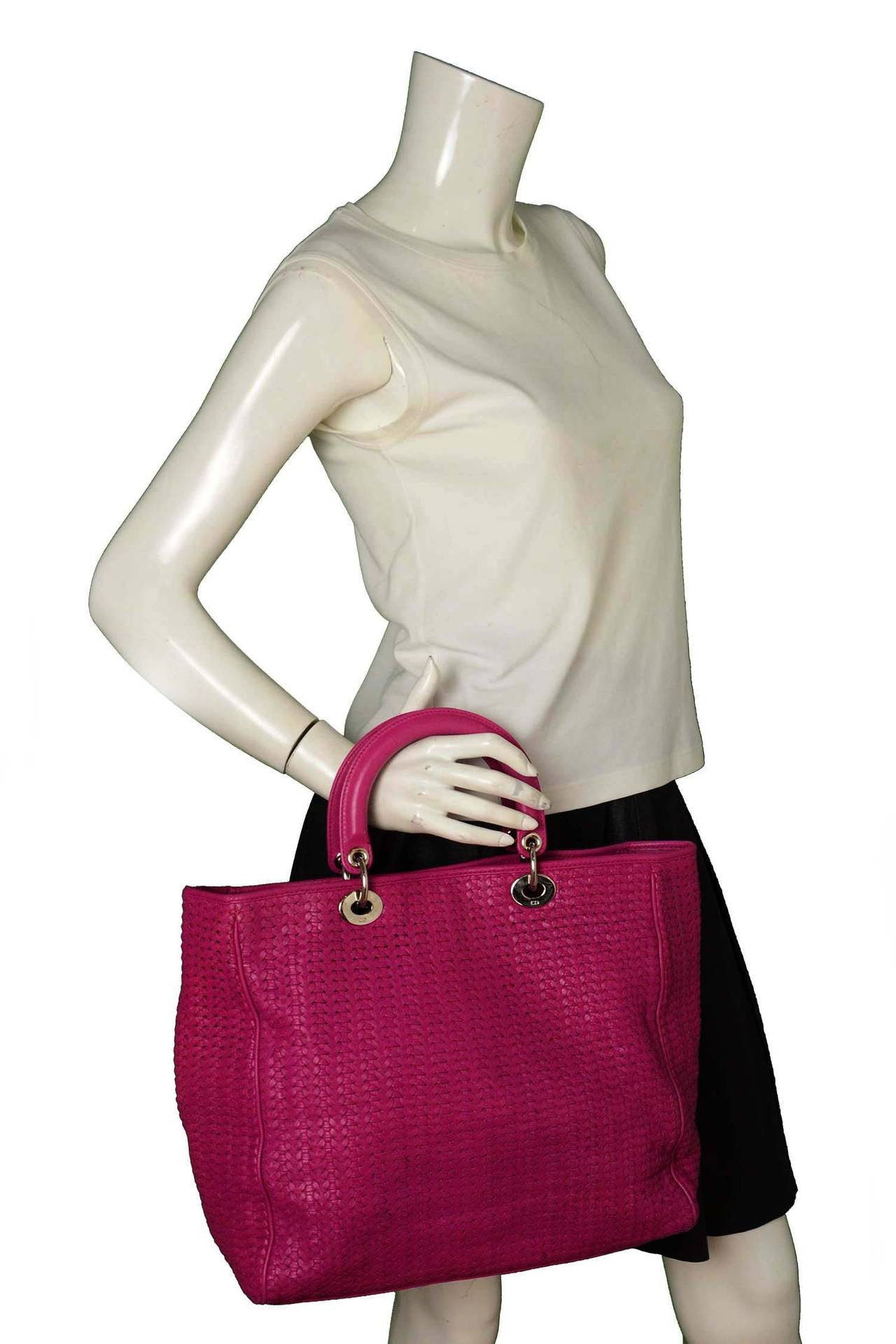 CHRISTIAN DIOR Dark Pink Woven Soft Leather Large Lady Dior Bag SHW rt.$2, 100 3