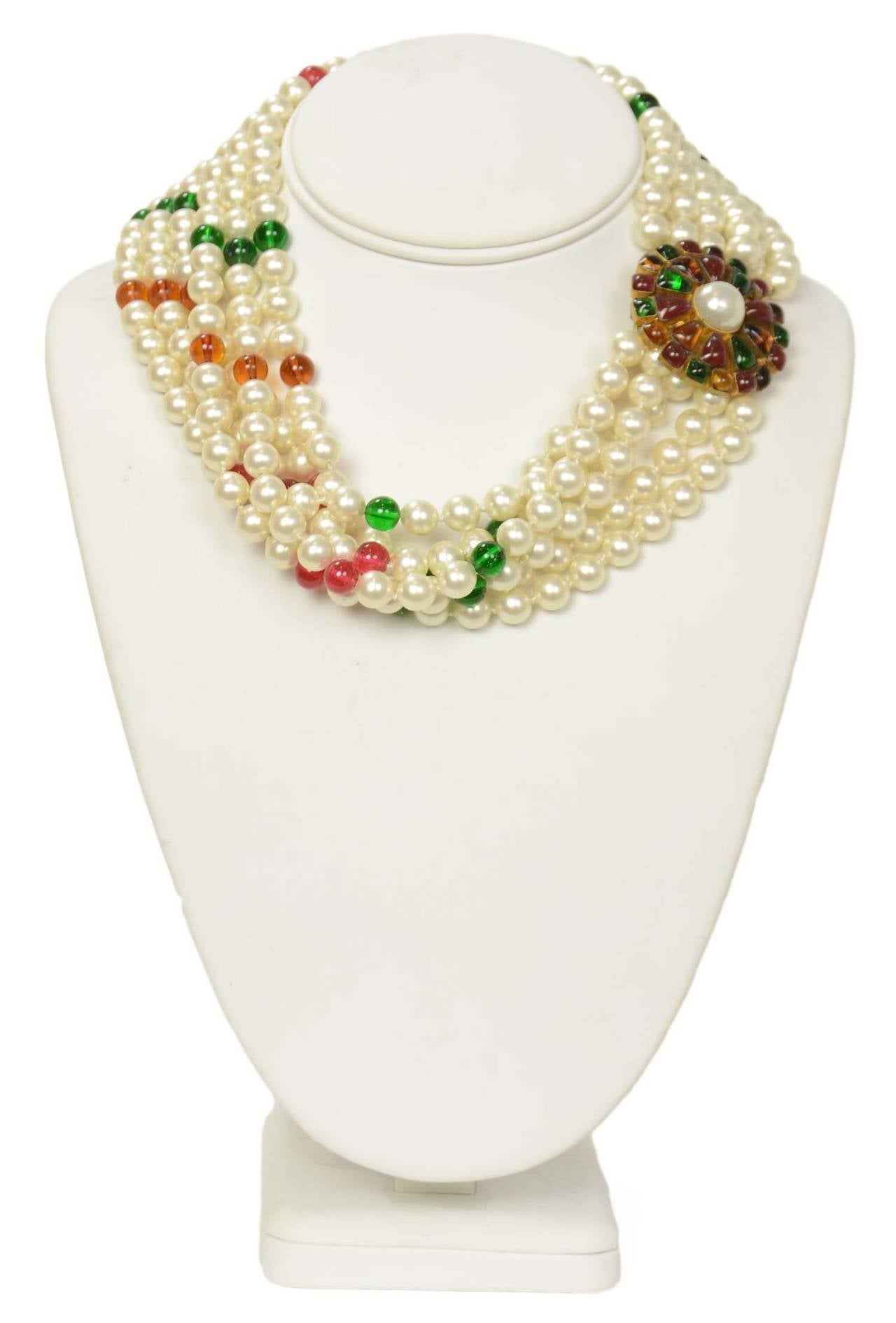 CHANEL Vintage 70's-80's Six Strand Pearl Necklace w Gripoix Pendant 1