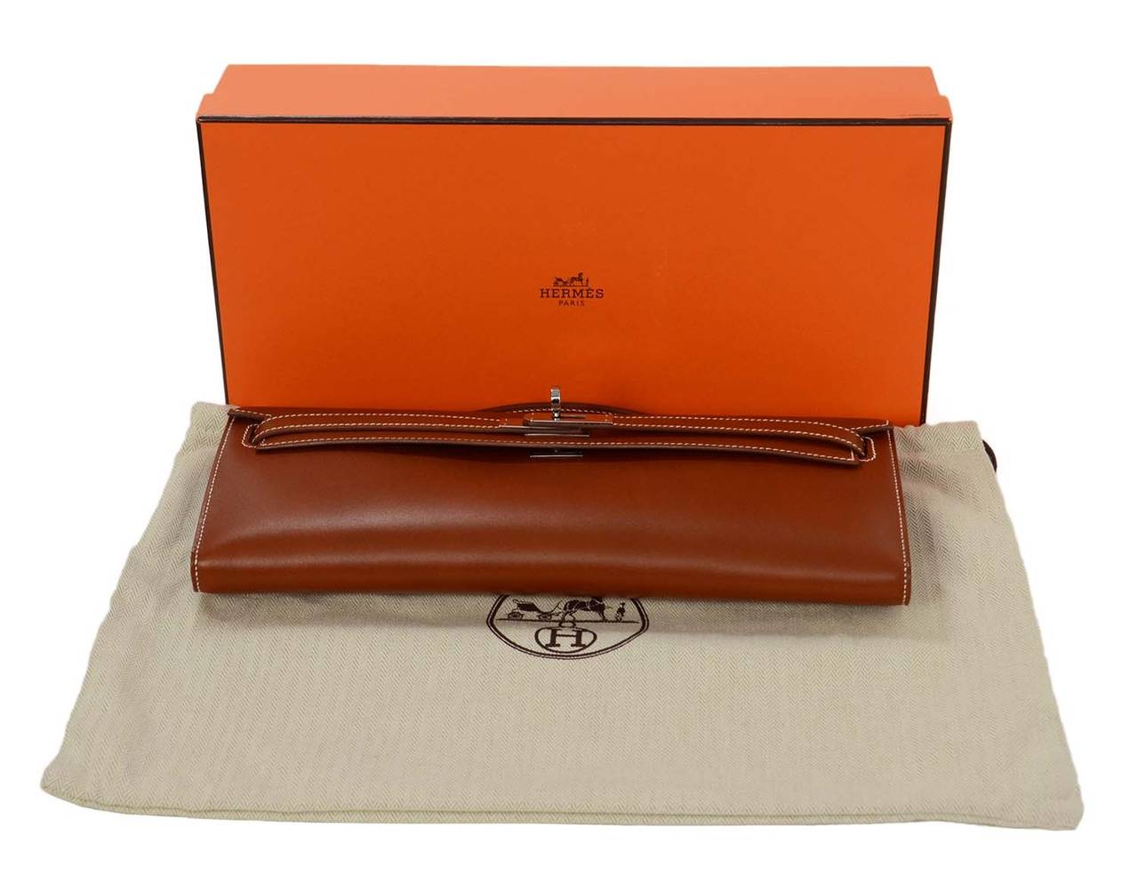 HERMES 2010 Tan Swift Leather Kelly Cut Clutch Bag w/ White Contrast Stitching 5