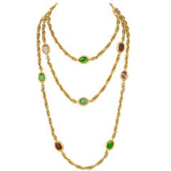 CHANEL Vintage 70's-80's Goldtone Necklace w/Red and Green Gripoix Pendants 5