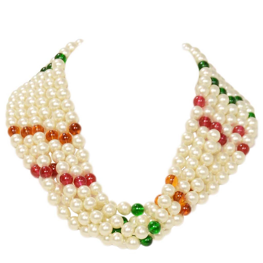 CHANEL Vintage 70's-80's Six Strand Pearl Necklace w Gripoix Pendant