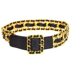 CHANEL Vintage 1989 Black/Gold Leather Woven Chain Link Belt sz 75