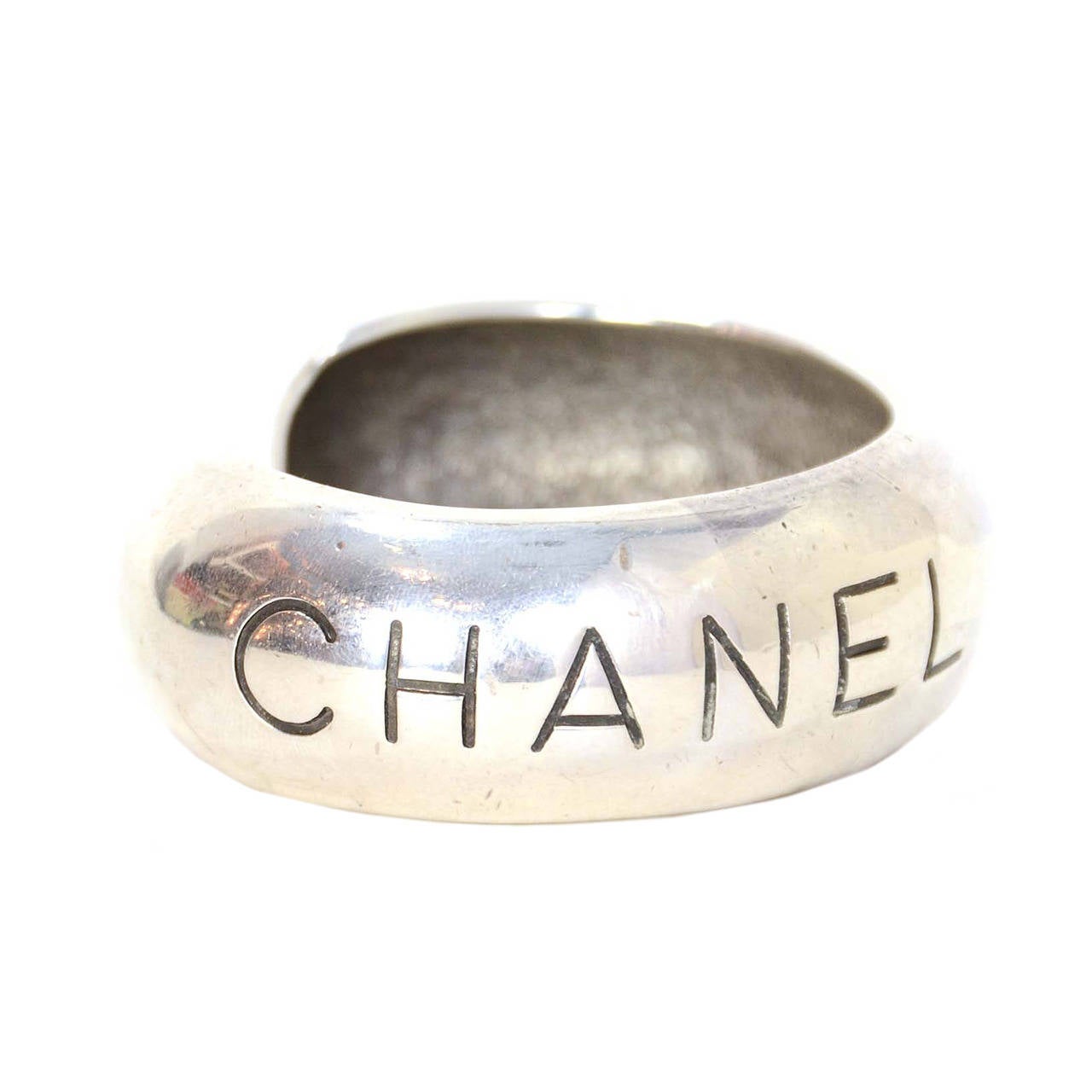 CHANEL Vintage 1996 Silvertone "Chanel Paris" Cuff Bracelet