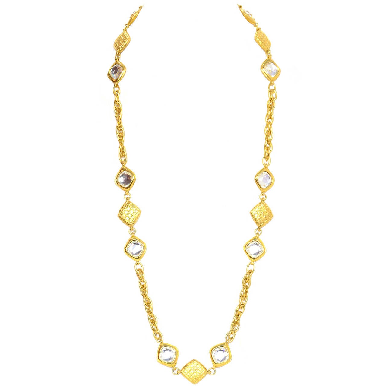 CHANEL Vintage 70's/80's Goldtone Quilted Diamond & Crystal Necklace