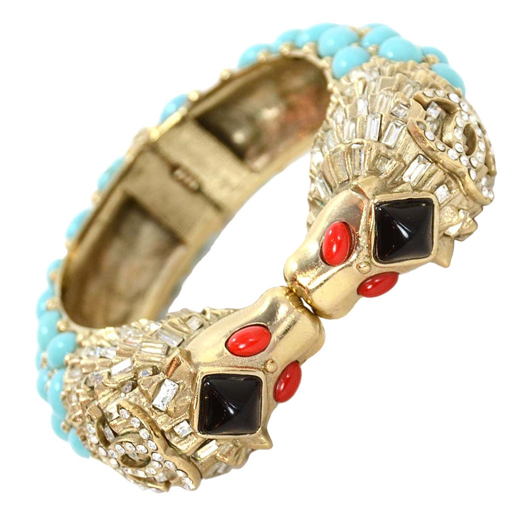 CHANEL Teal & Red Stone Silver Lion's Head Cuff Bracelet