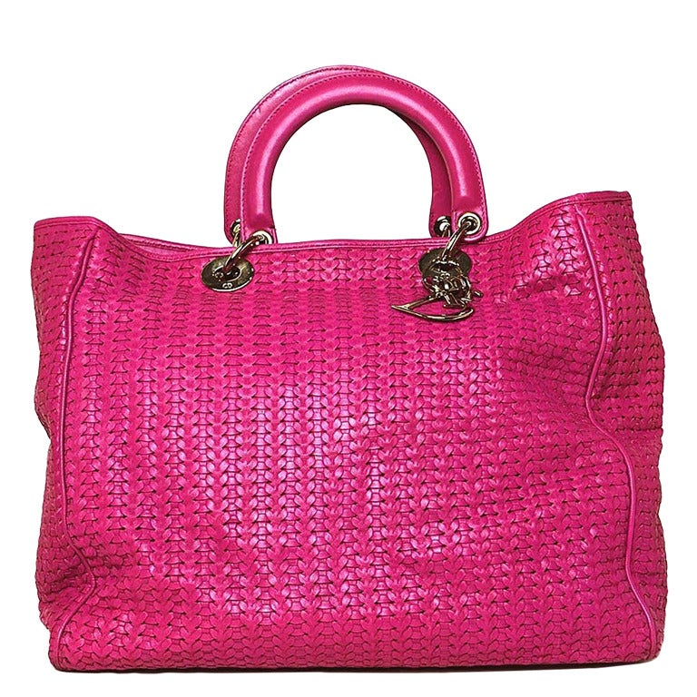 CHRISTIAN DIOR Dark Pink Woven Soft Leather Large Lady Dior Bag SHW rt.$2, 100