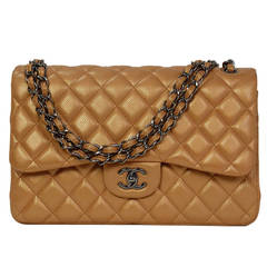 Chanel Metallic Gold Caviar Leather Double Flap Large Jumbo Classic Bag