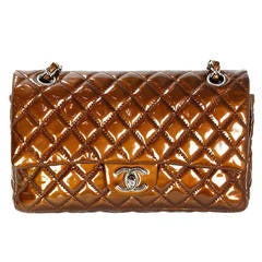 CHANEL 2009 Bronze Patent Leather Quilted Classic Madium Flap Bag