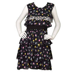 NINA RICCI Navy Silk Sleeveless Ruffle Floral Dress sz. 40